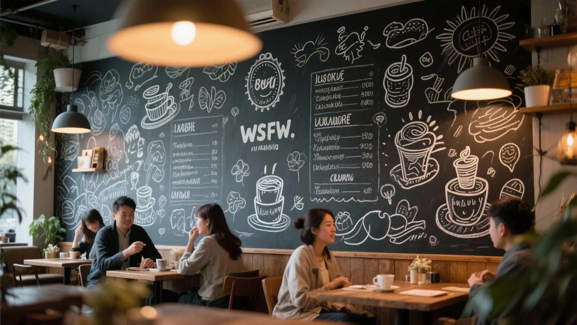 Modern cafe with large black chalkboard menu wall people sitting at wooden tables with coffee