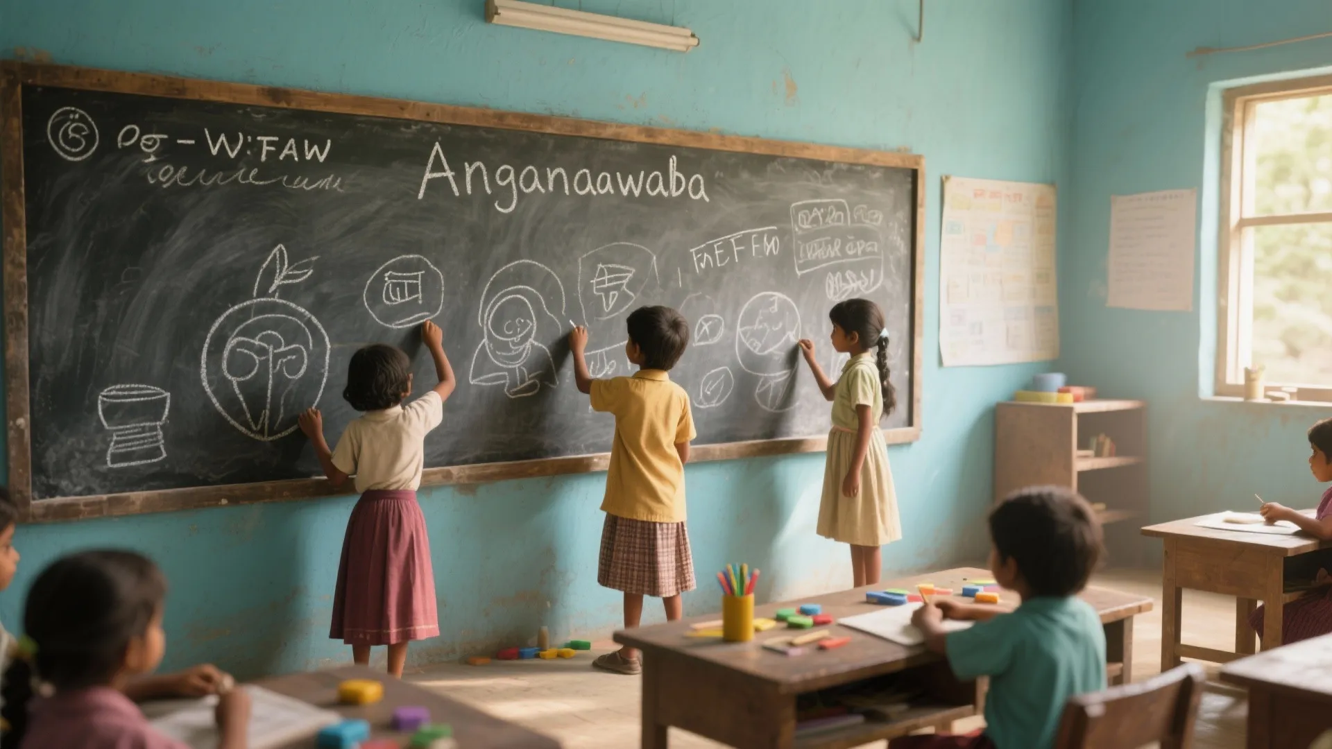 Young students drawing on a large black chalkboard in a blue classroom with wooden study desks