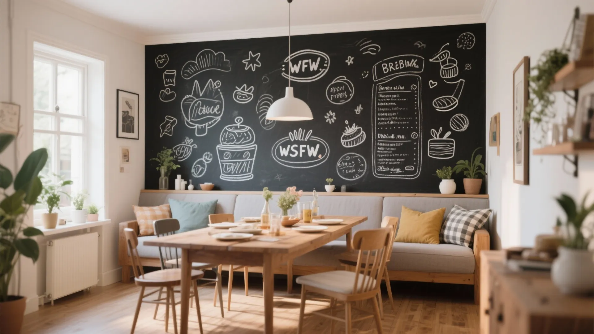 Dining area with large black chalkboard wall behind wooden table grey sofa and white light