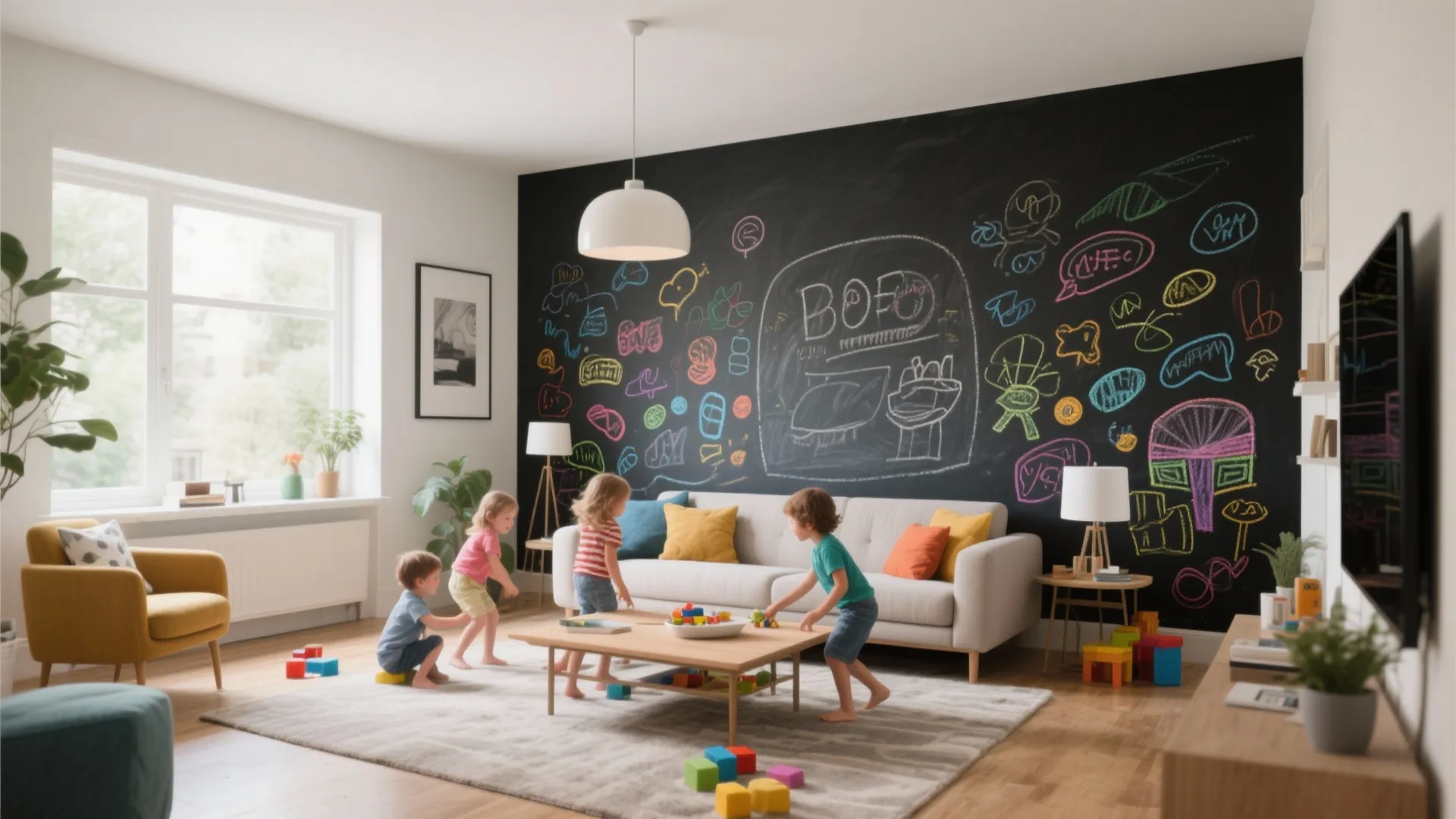 Living room with a chalkboard accent wall covered in colorful kids' drawings