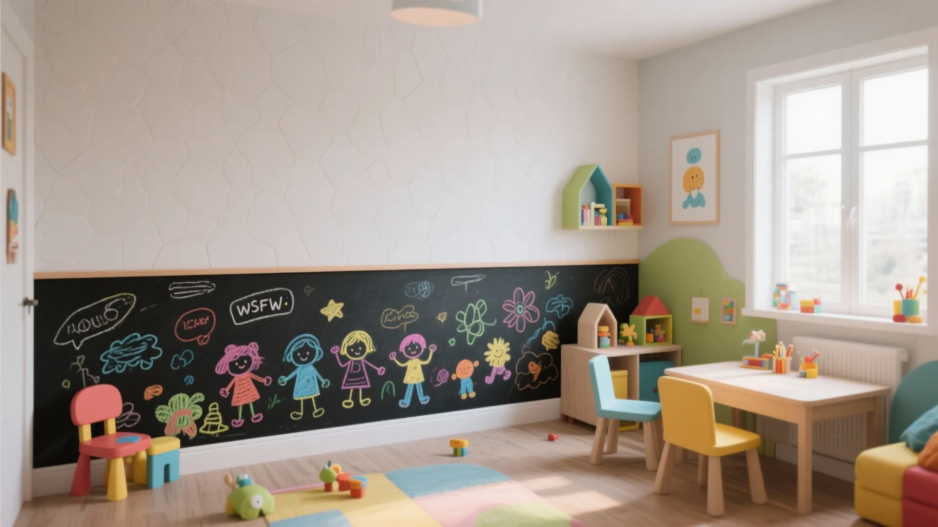 Kids playroom featuring a long chalkboard wall with colorful drawings plus small wooden tables and chairs