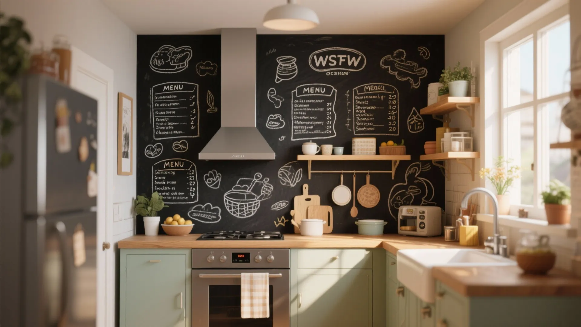 Modern kitchen featuring a black chalkboard wall with hand-drawn menus above green cabinets and wooden countertops