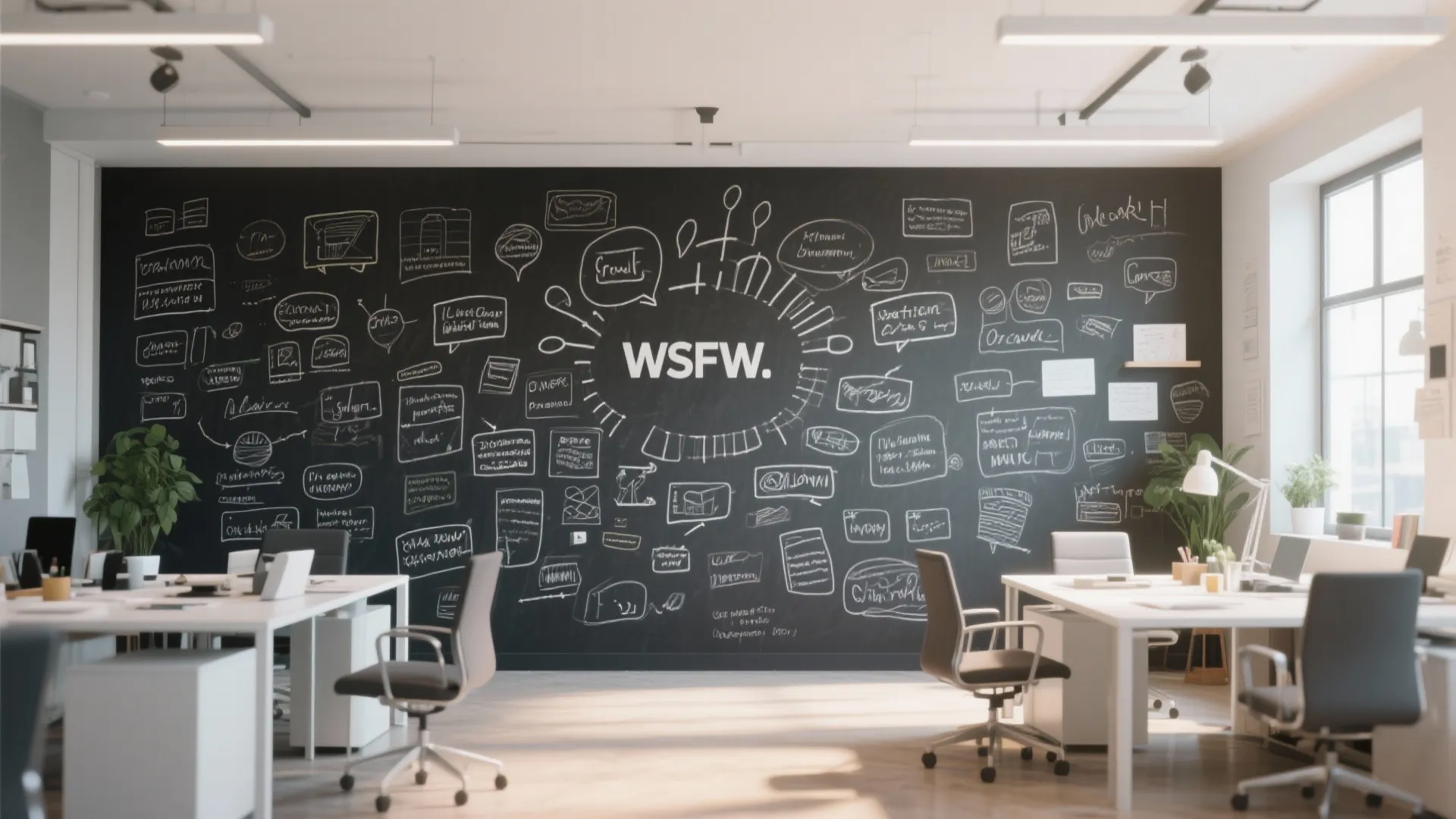 Bright open office space featuring a large black chalkboard wall with many white hand-drawn diagrams