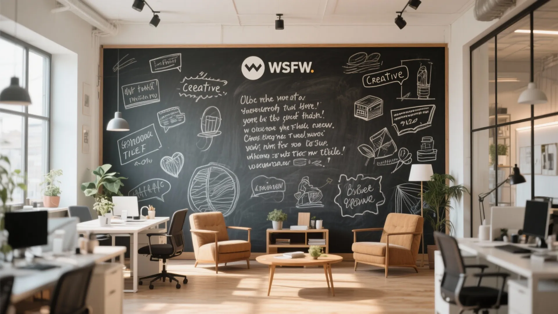 Modern office interior with large black chalkboard wall, two tan chairs, white desks and wooden floor