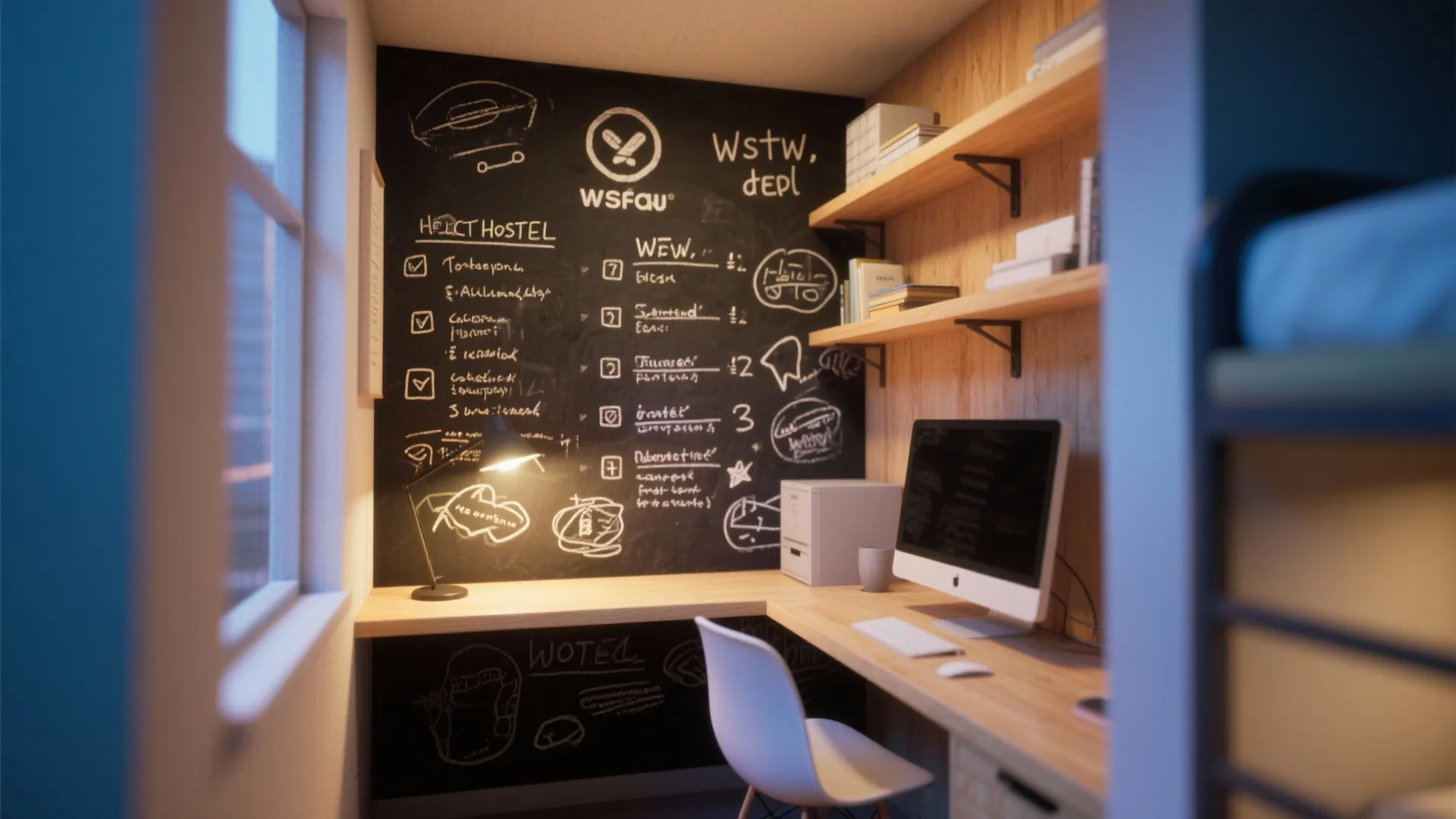 Small study area featuring a black chalkboard wall with drawings wooden desk and computer monitor