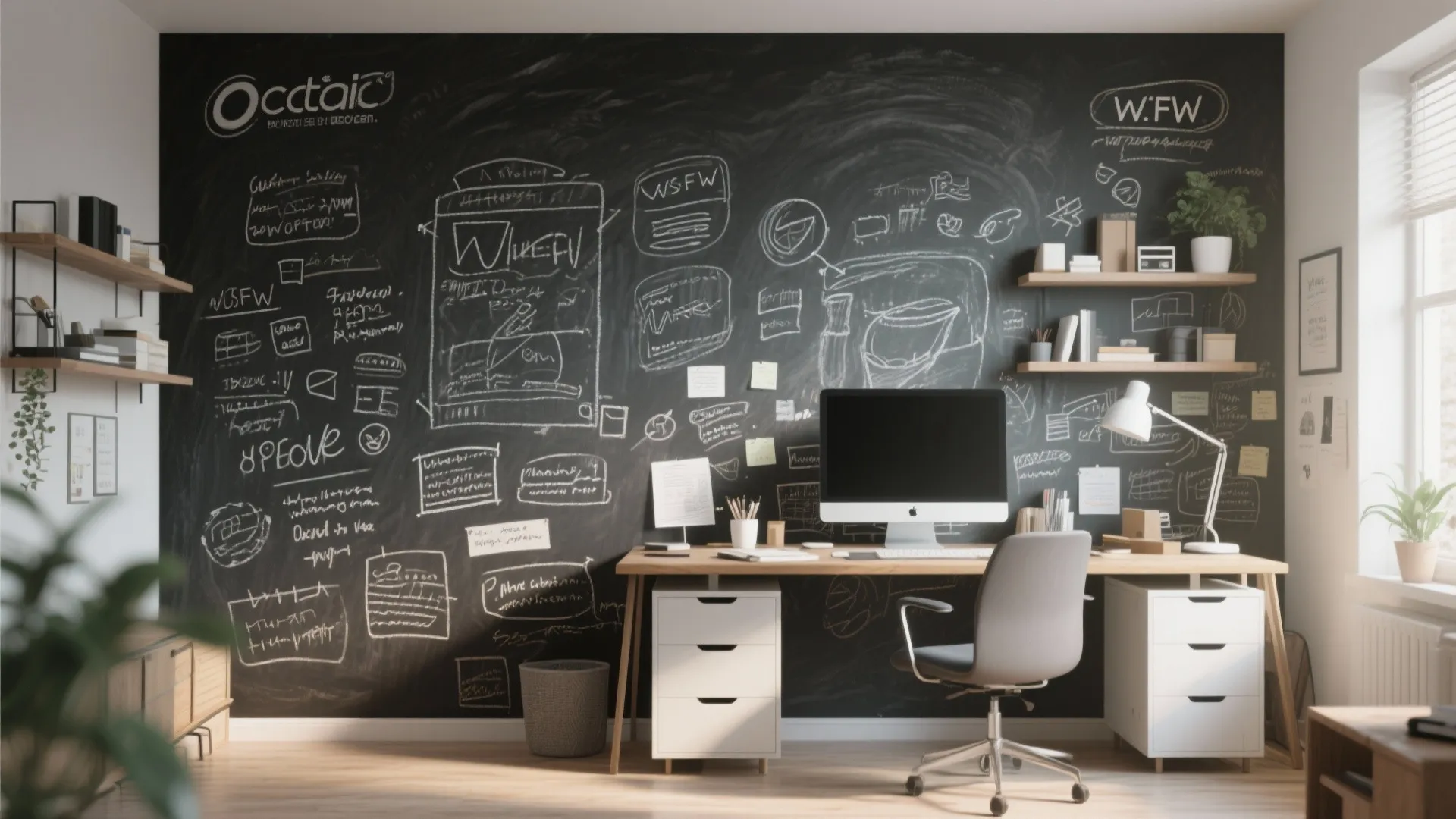 Chalkboard wallpaper used as an idea wall in a home office