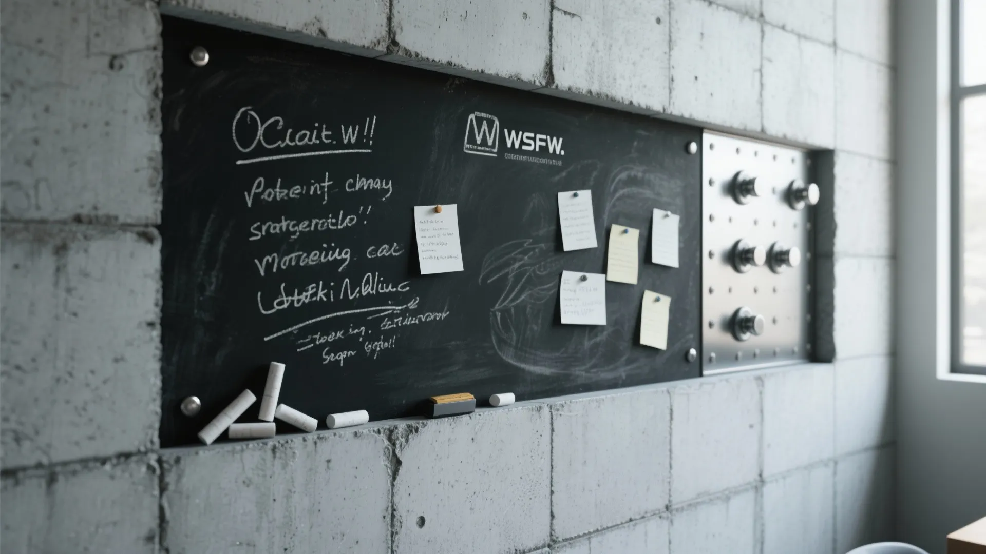 Concrete block wall section used as a chalkboard and magnetic zone with chalk writing and magnets holding notes.