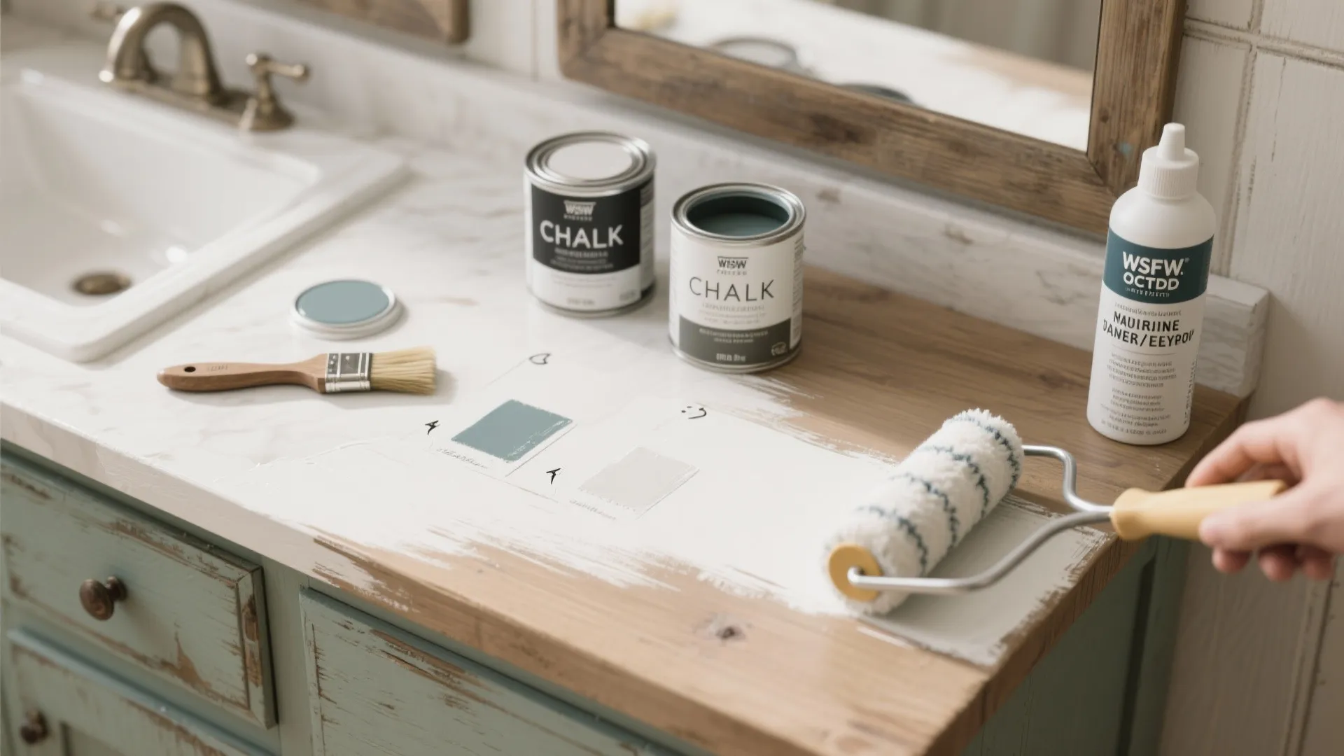Person using a roller to apply white paint on a wooden bathroom cabinet with brushes