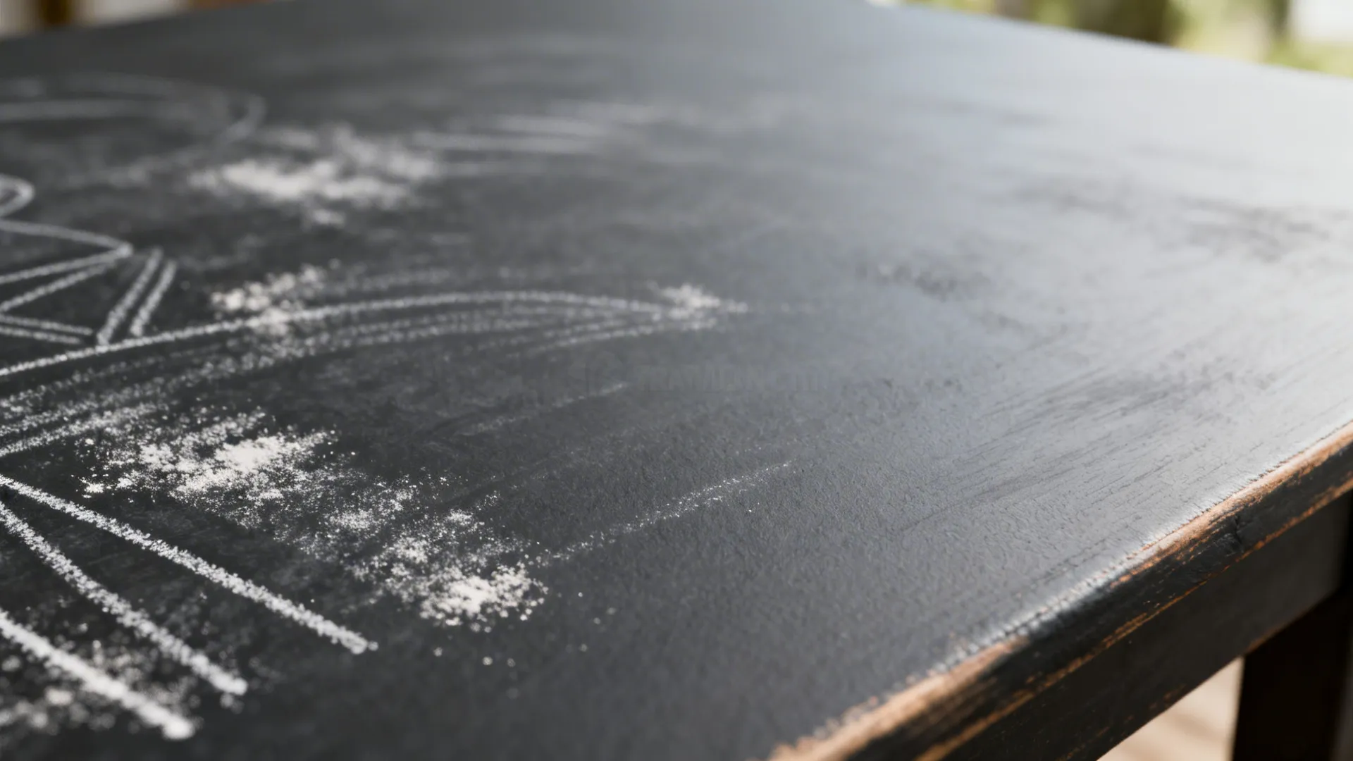 Macro of a charcoal tabletop showing subtle chalk residue on a matte surface.