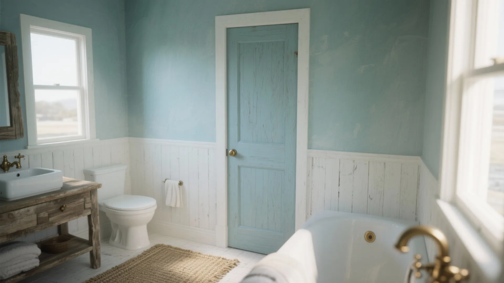 Chalky blue and dusty teal painted panel with white-washed wood and warm metal accents in a restful rustic interior.