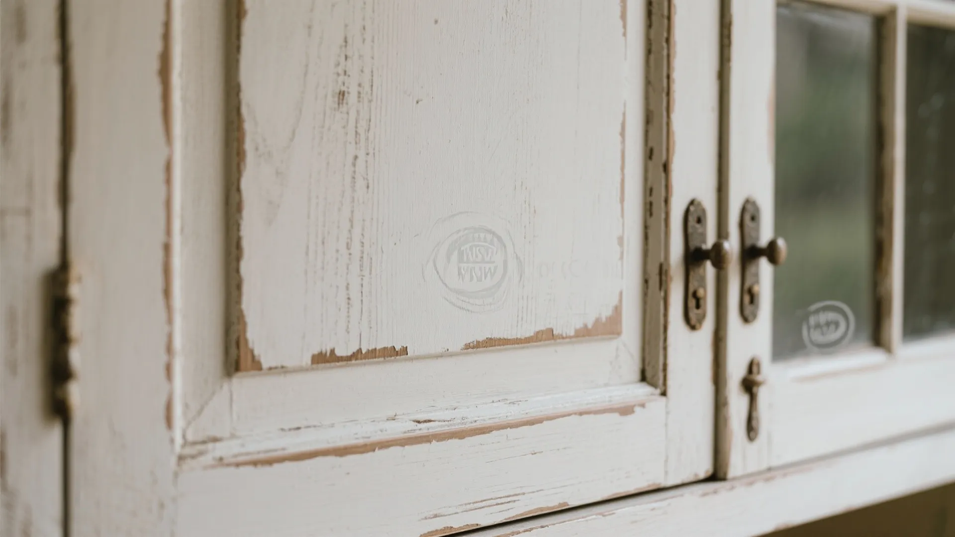 Close up of a vintage white cabinet with distressed paint and antique metal door handles