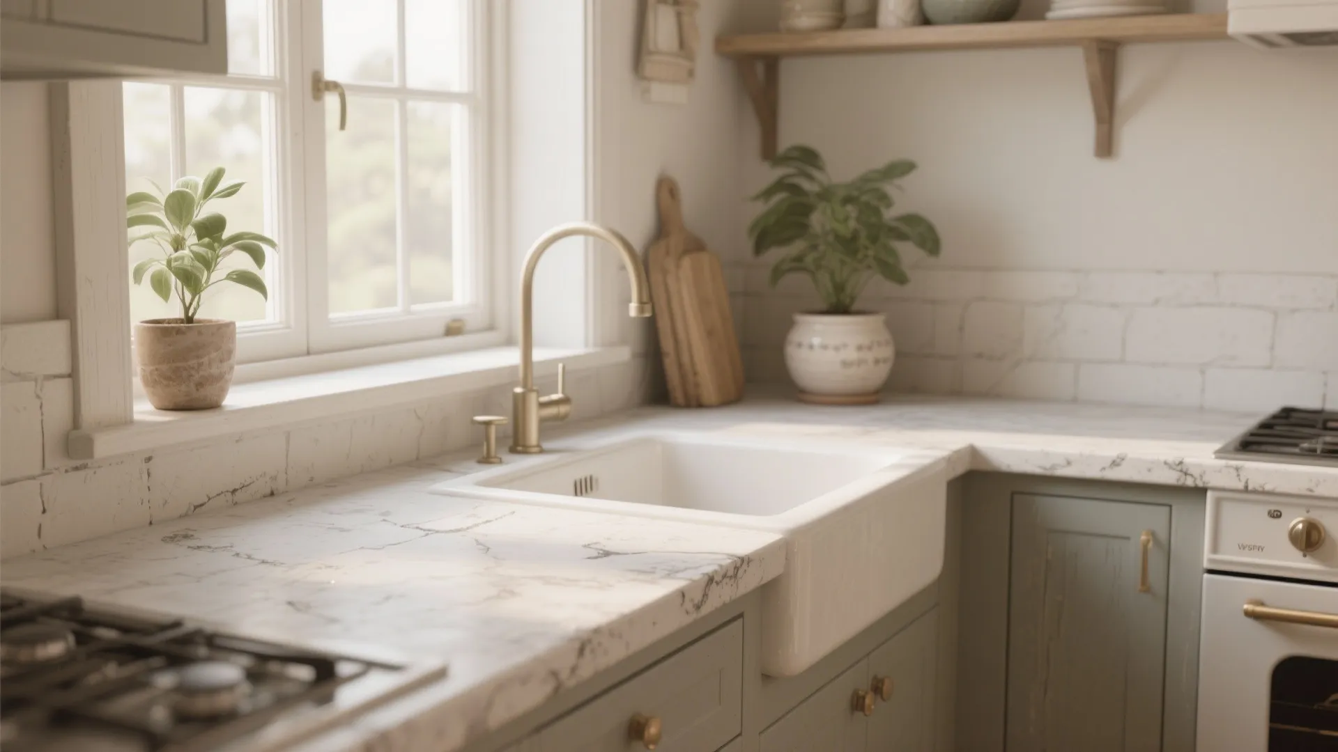 Farmhouse kitchen with white ceramic sink marble countertop green cabinets brass faucet and small potted plants