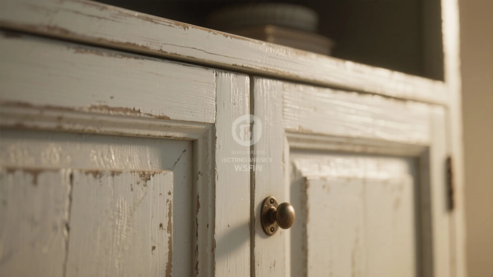 Close up of white wooden cabinet with worn paint and a small round metal knob