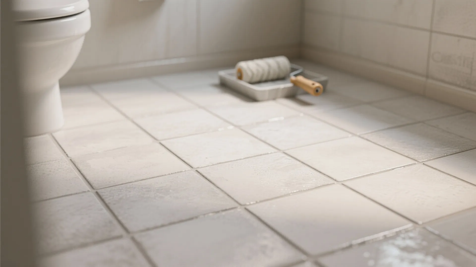 Macro of chalk-finish matte bathroom tile with sealed grout and mini roller in background