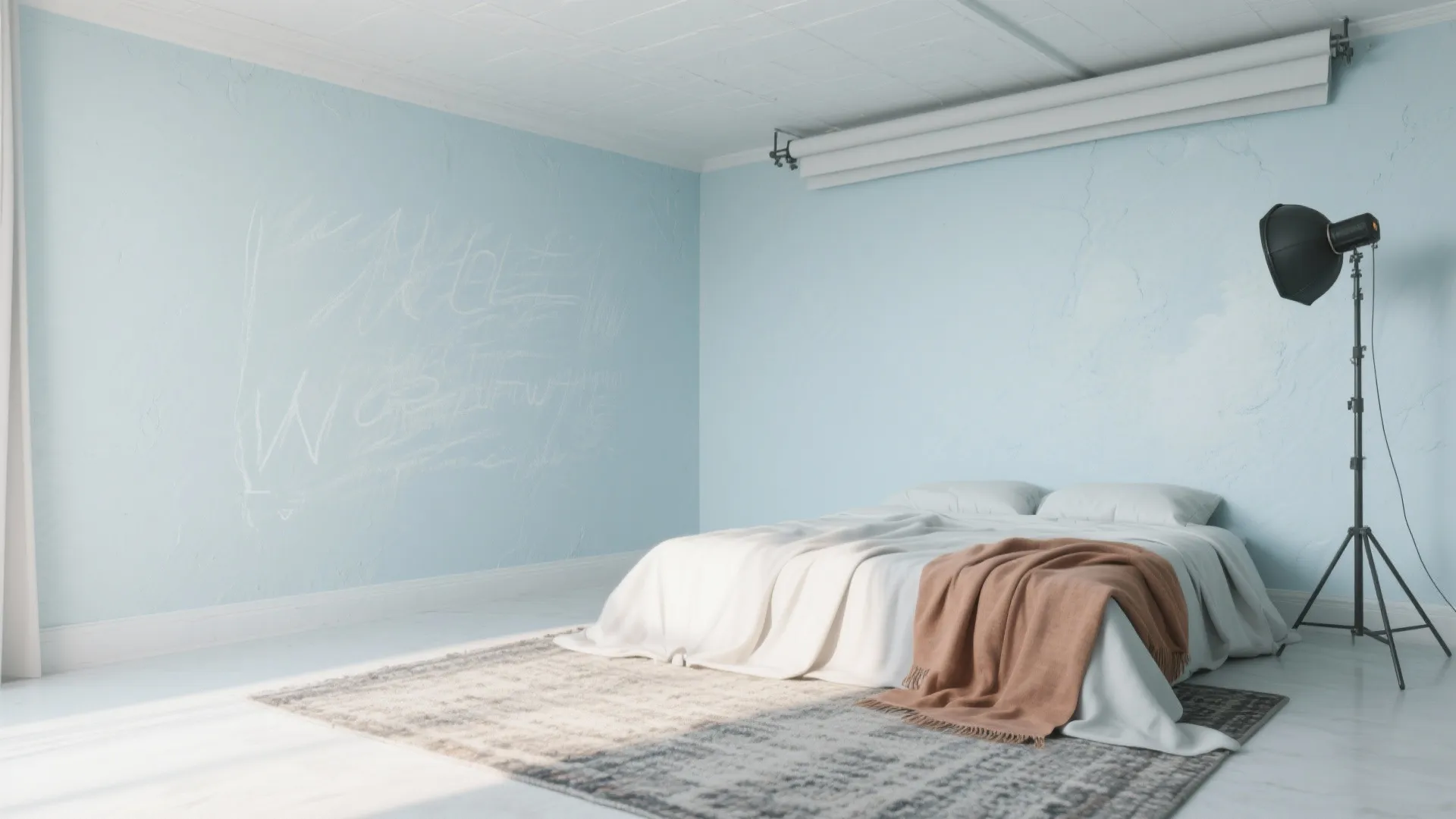 Minimalist bedroom featuring light blue walls white bed with brown blanket grey rug and floor lamp
