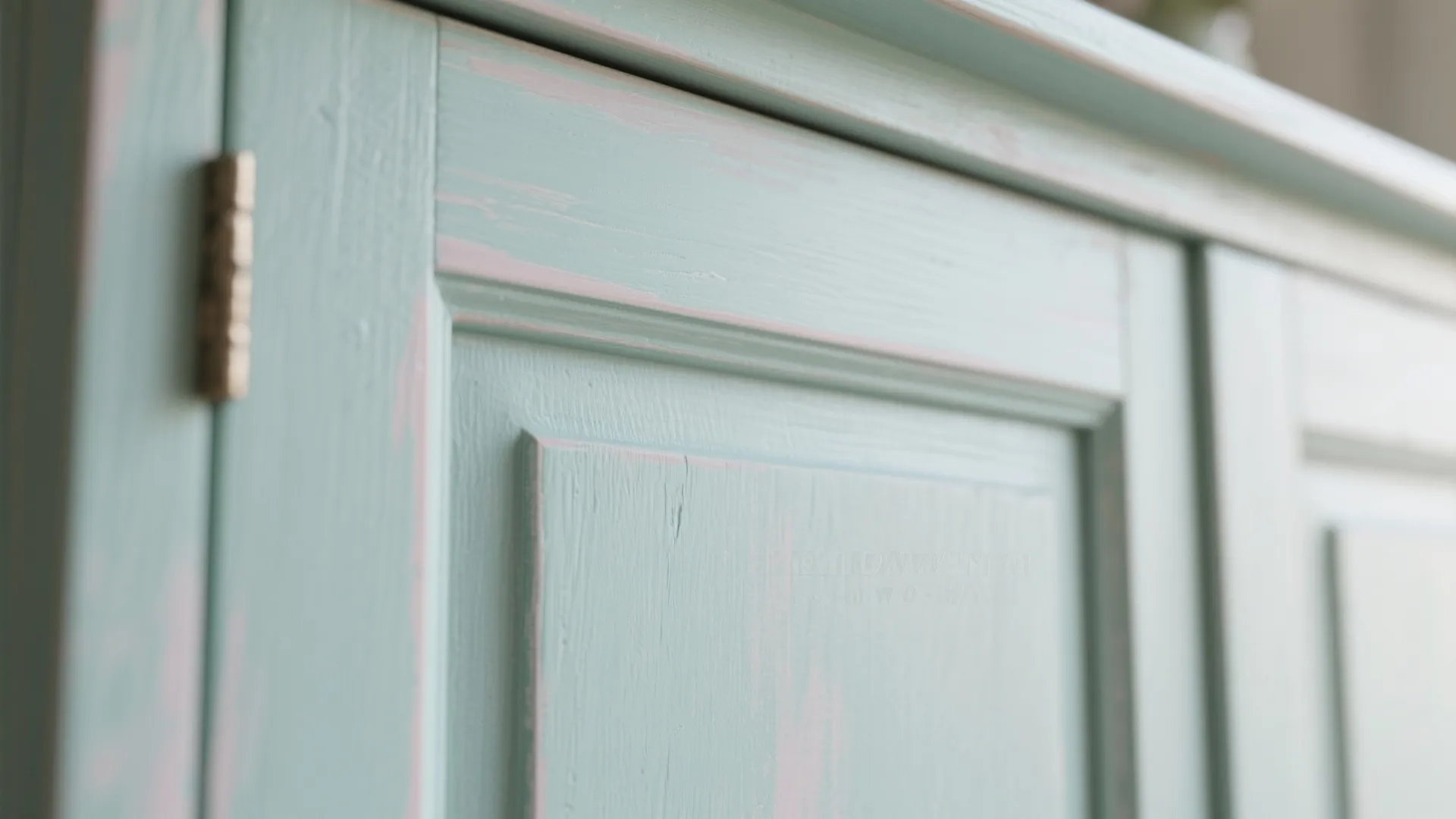 Close up of light blue painted cabinet door with pink undertones and aged wood texture