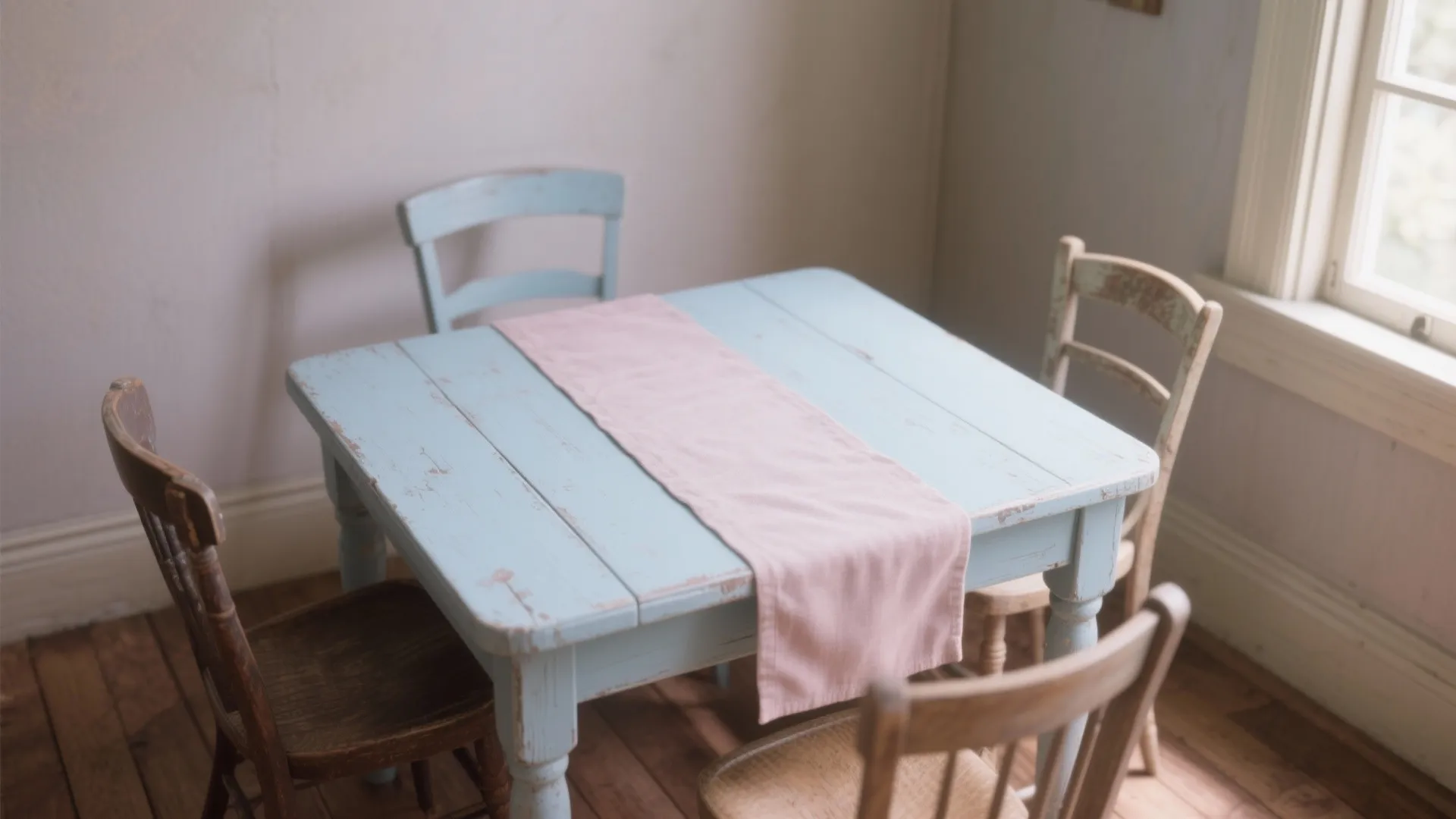Vintage light blue wooden dining table with pink fabric runner and four different wooden chairs