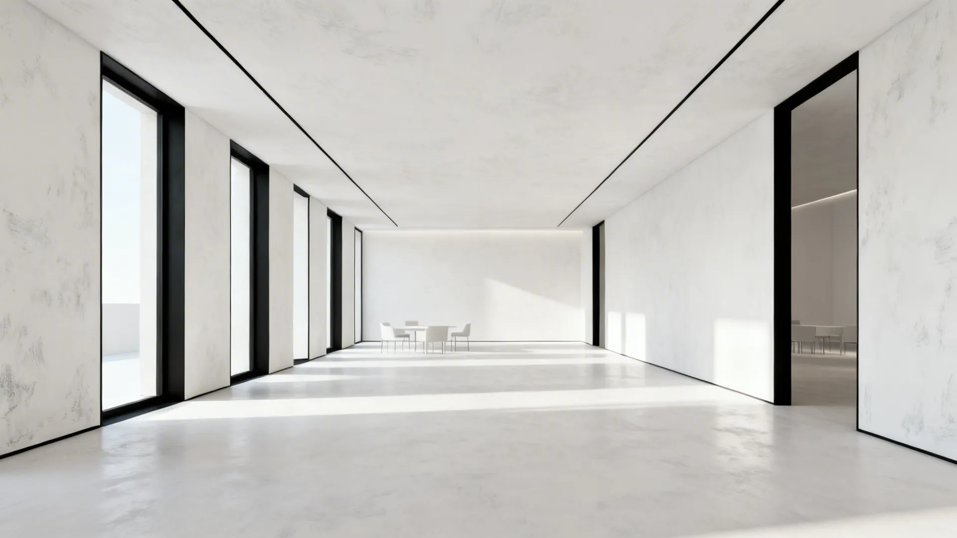 Minimal living room with chalky white walls and black trim defining windows and doors.