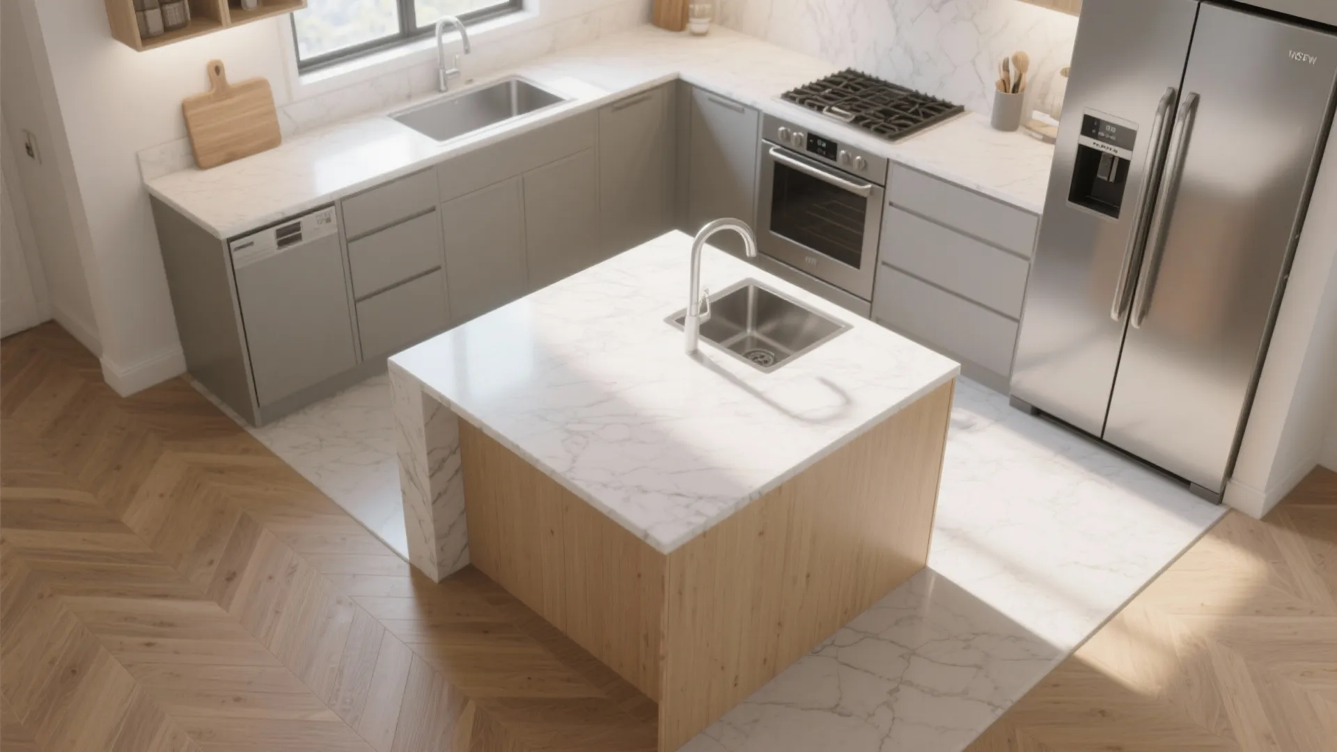 Modern L shaped kitchen featuring marble countertop with a central island and large silver fridge