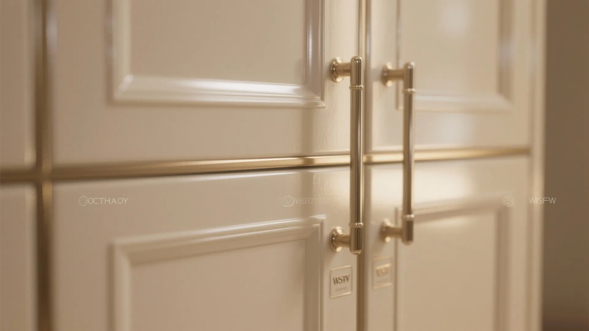Close-up of cool champagne cream cabinet finish with subtle sheen and hardware