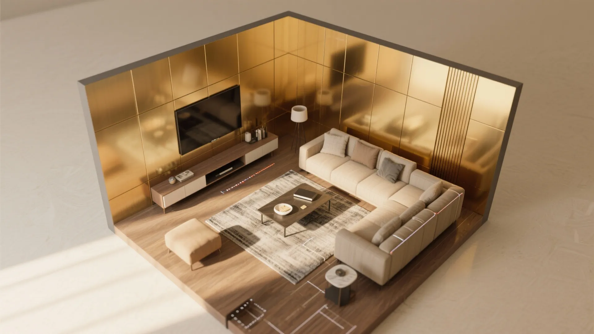 Interior design drawing showing room layout with gold wall panel sofa television and coffee table
