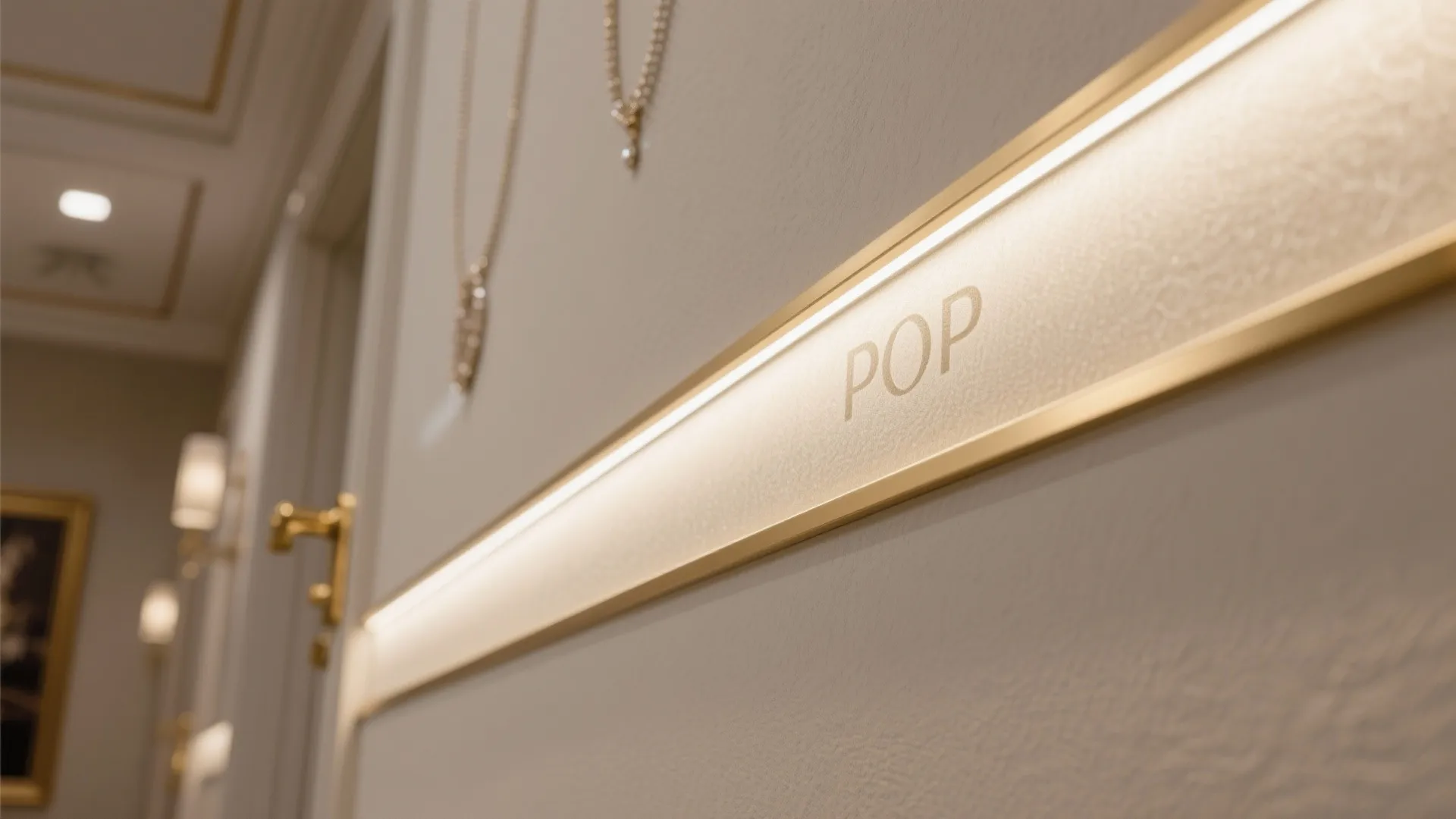 Close up view of a modern gold wall light fixture with soft warm glow lighting