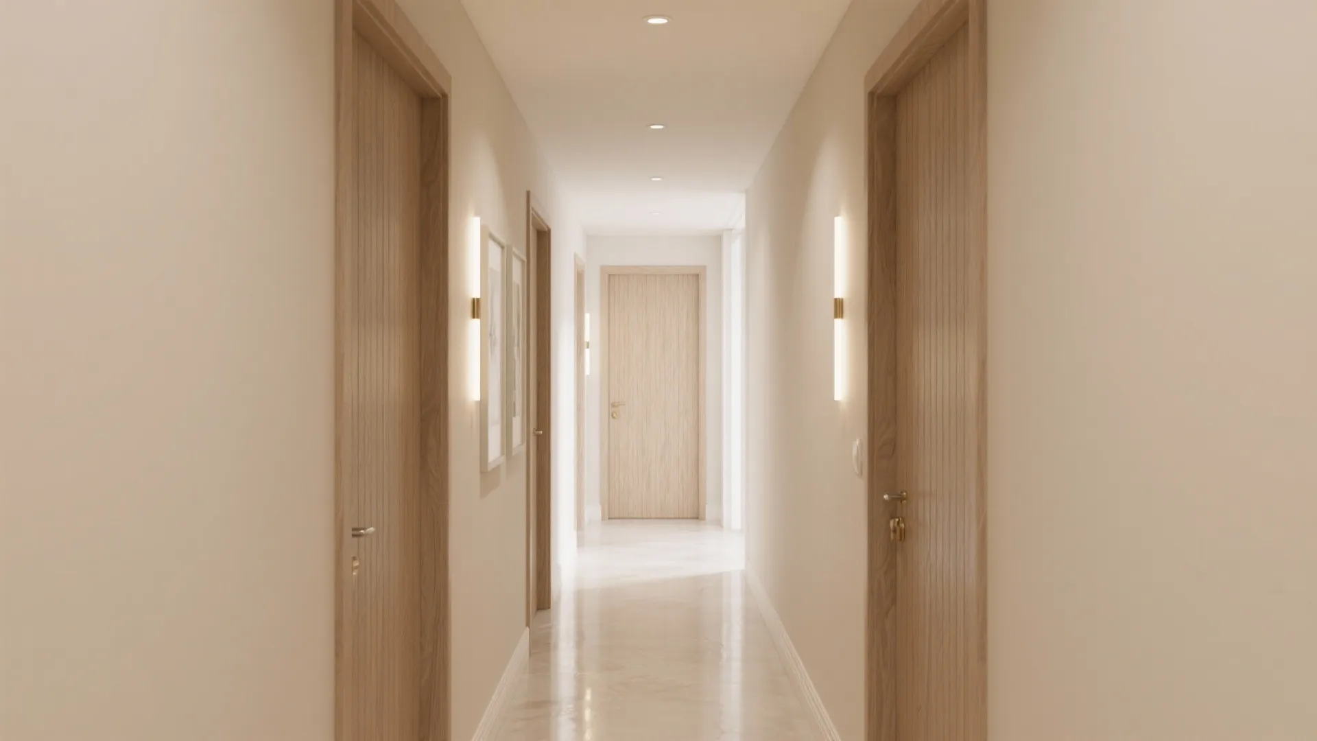 Bright hallway with wooden doors white walls wall lights marble floor and a clean ceiling design