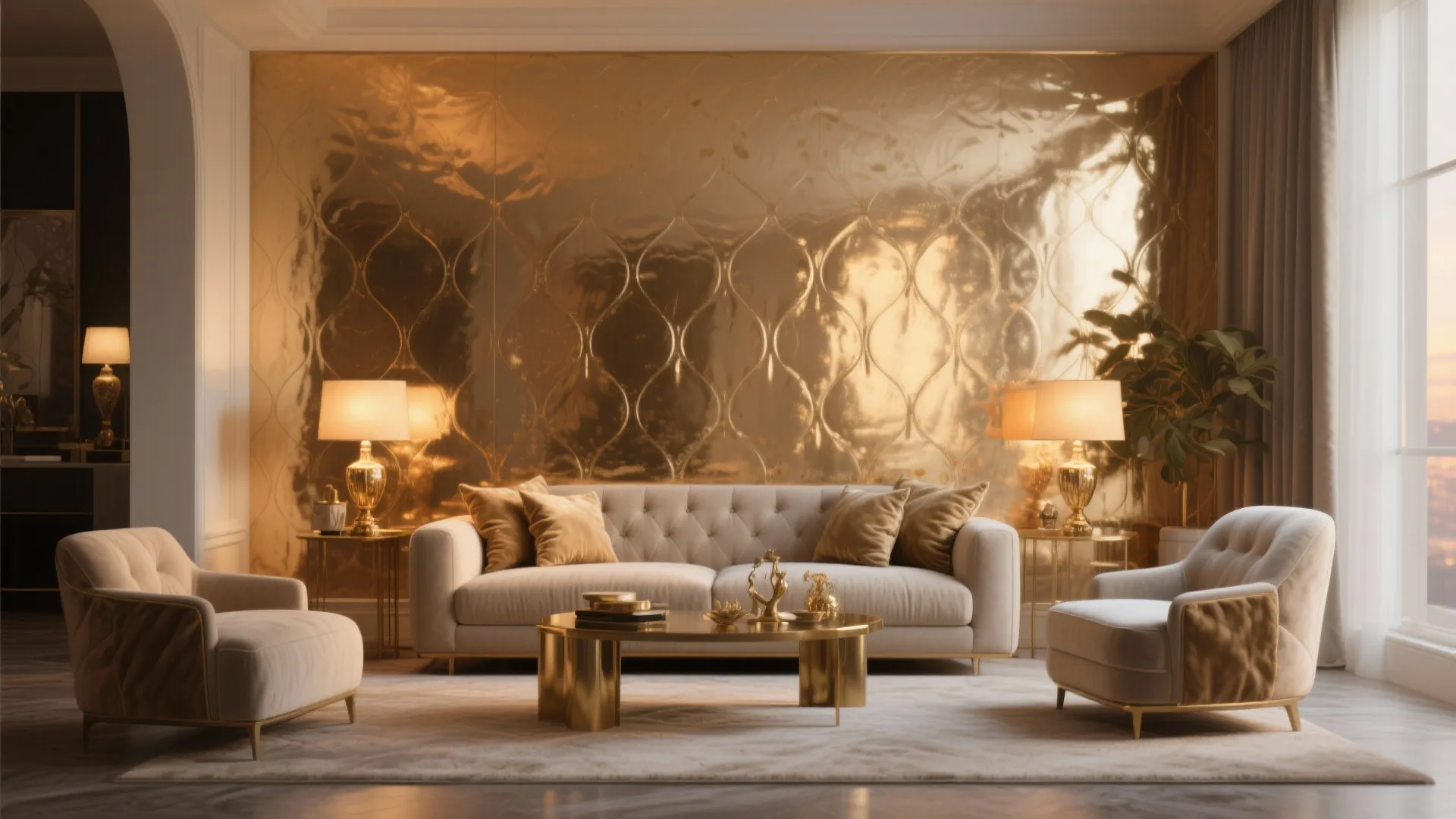 Luxury living room with white sofa two chairs gold wall and warm lamps beside window