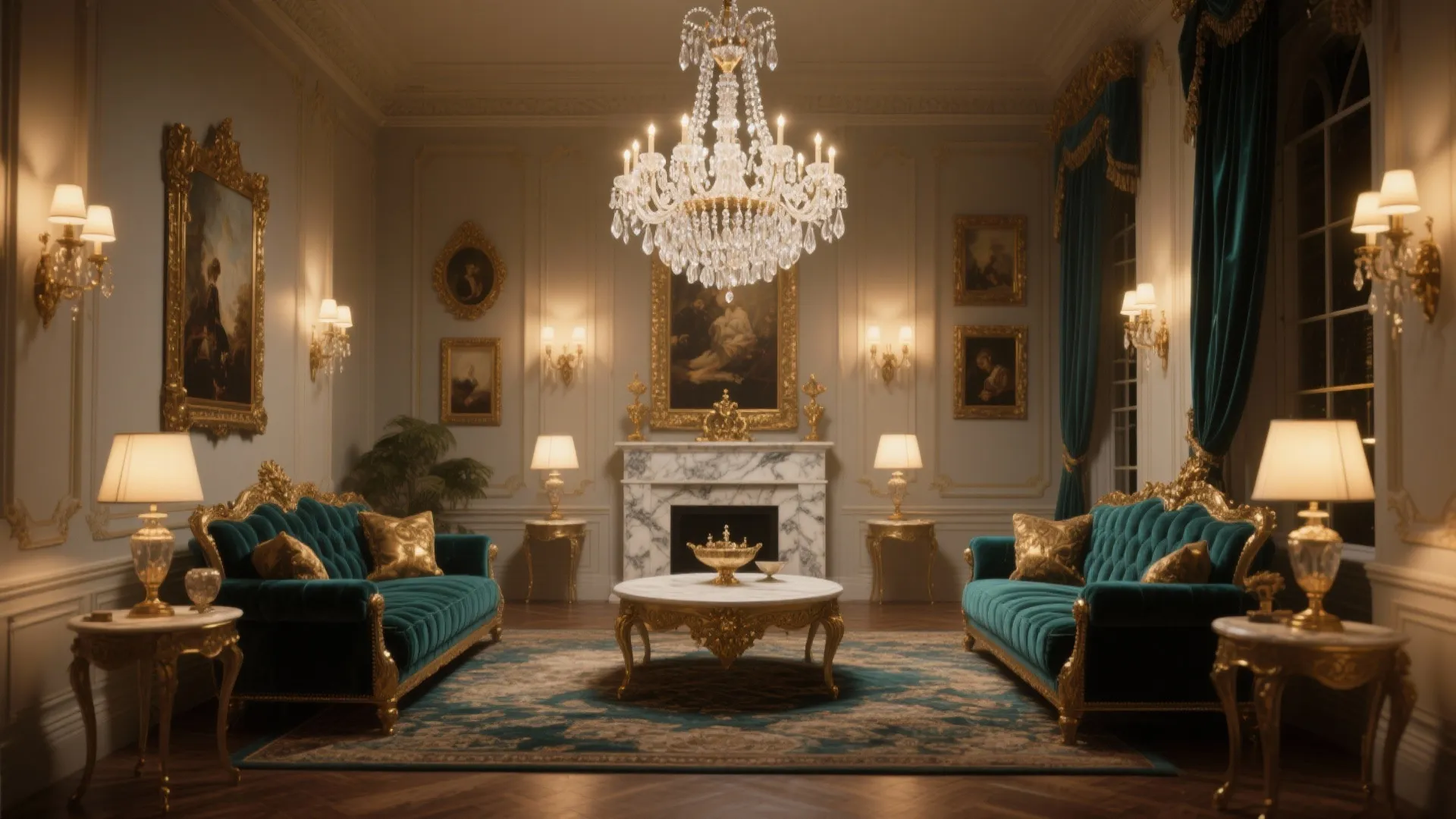 Classic living room with emerald green sofas marble fireplace gold ceiling light and framed wall art