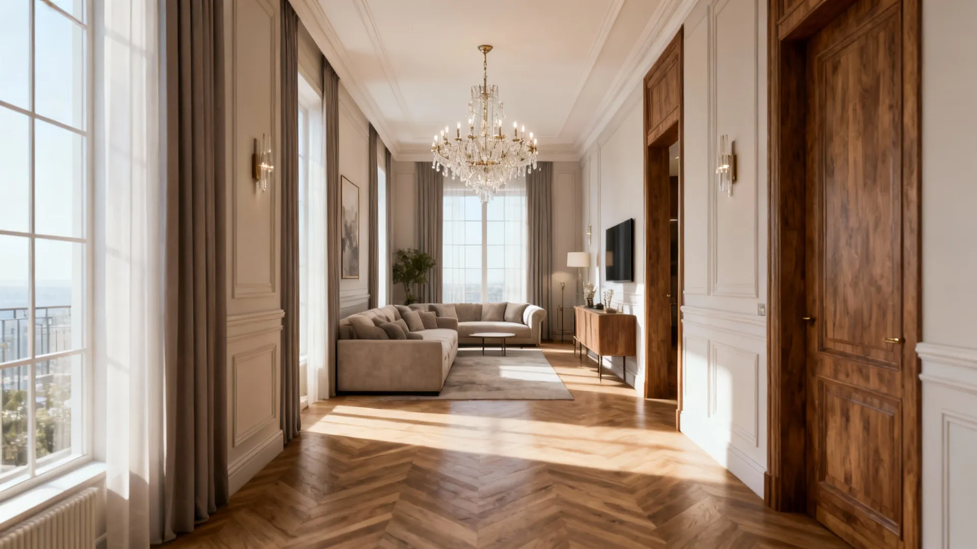 Open living room showing chandelier at least 7 feet above floor for safe clearance