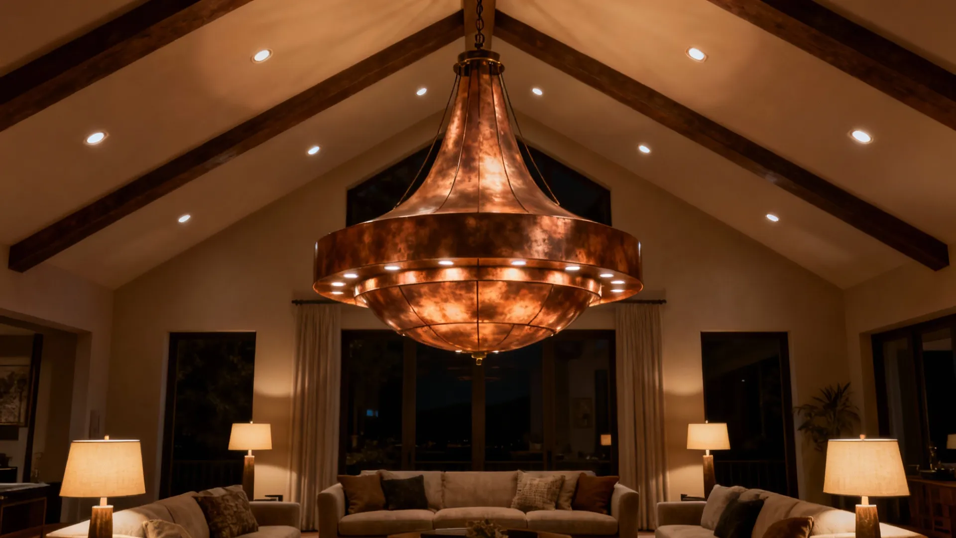 Large copper ceiling light hanging in a high ceiling living room with sofa and floor lamps