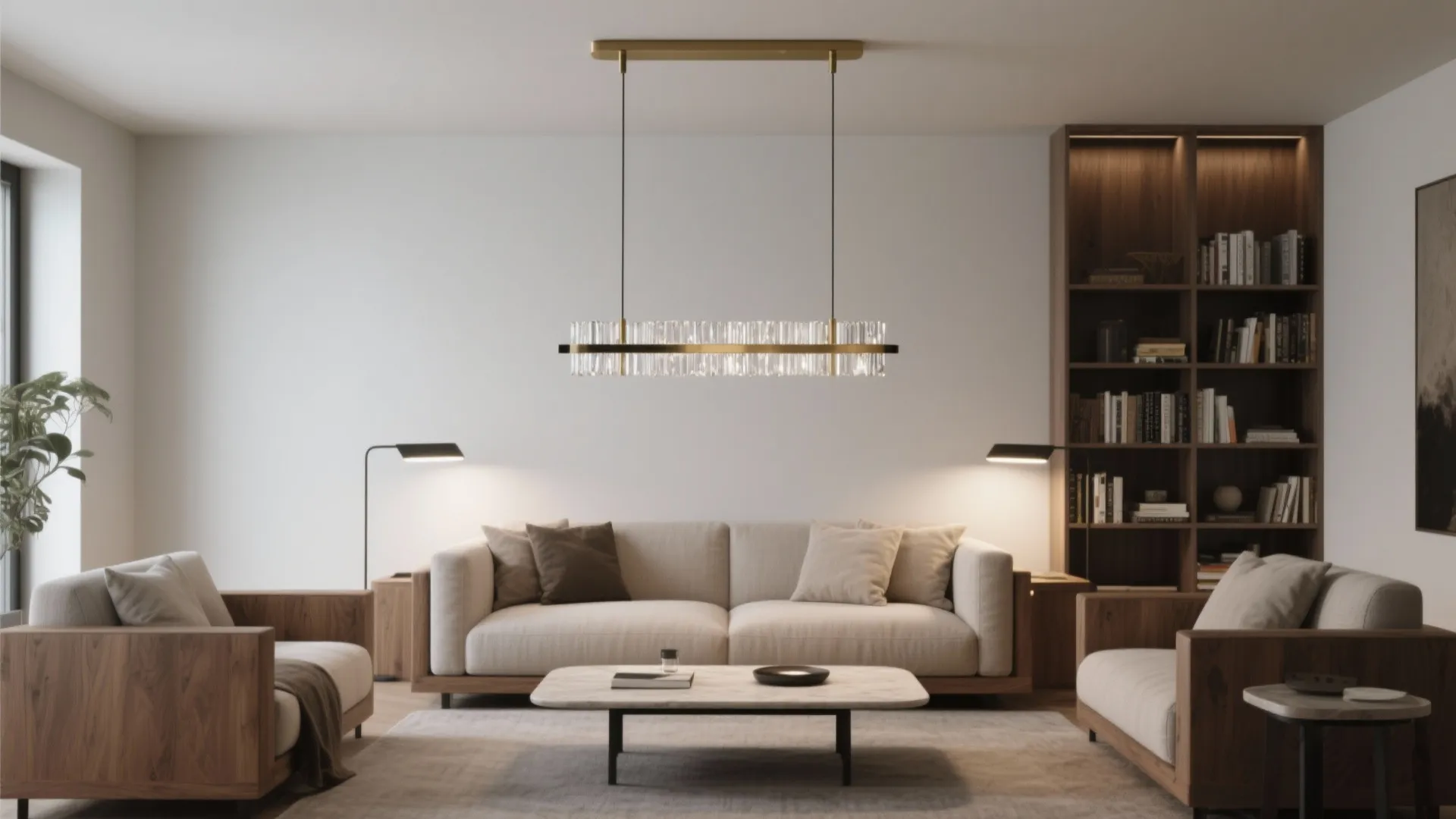 Modern living room featuring a long crystal ceiling light above a beige sofa and rug