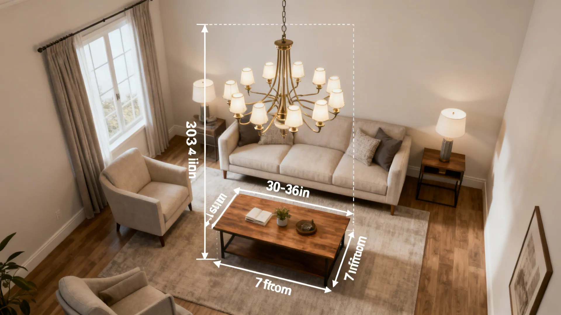 Diagram-style visualization of chandelier sizing and hanging height rules for small living rooms