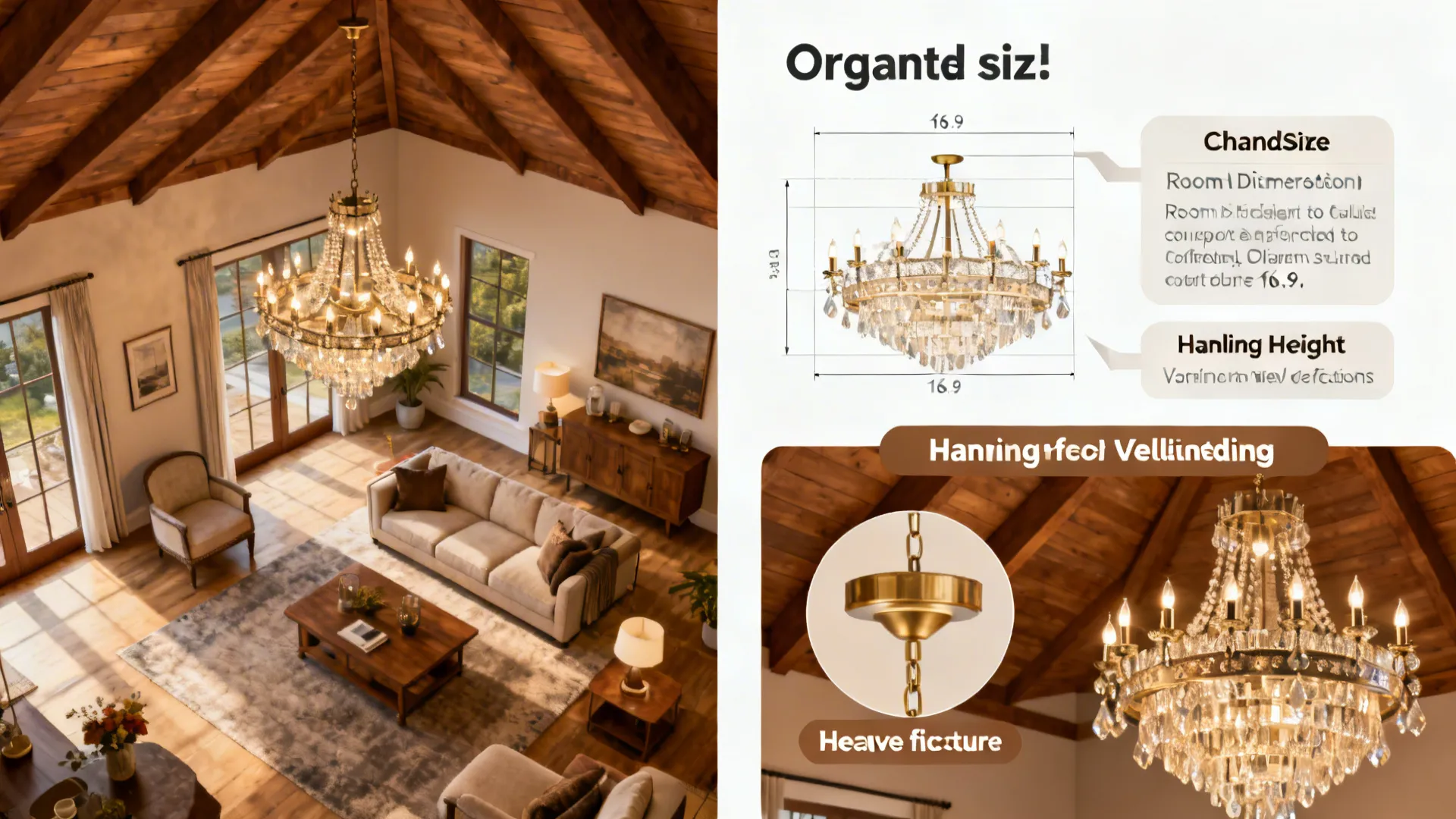 Combined diagrams showing chandelier sizing, hanging height guides, and reinforcement tips for high ceilings.