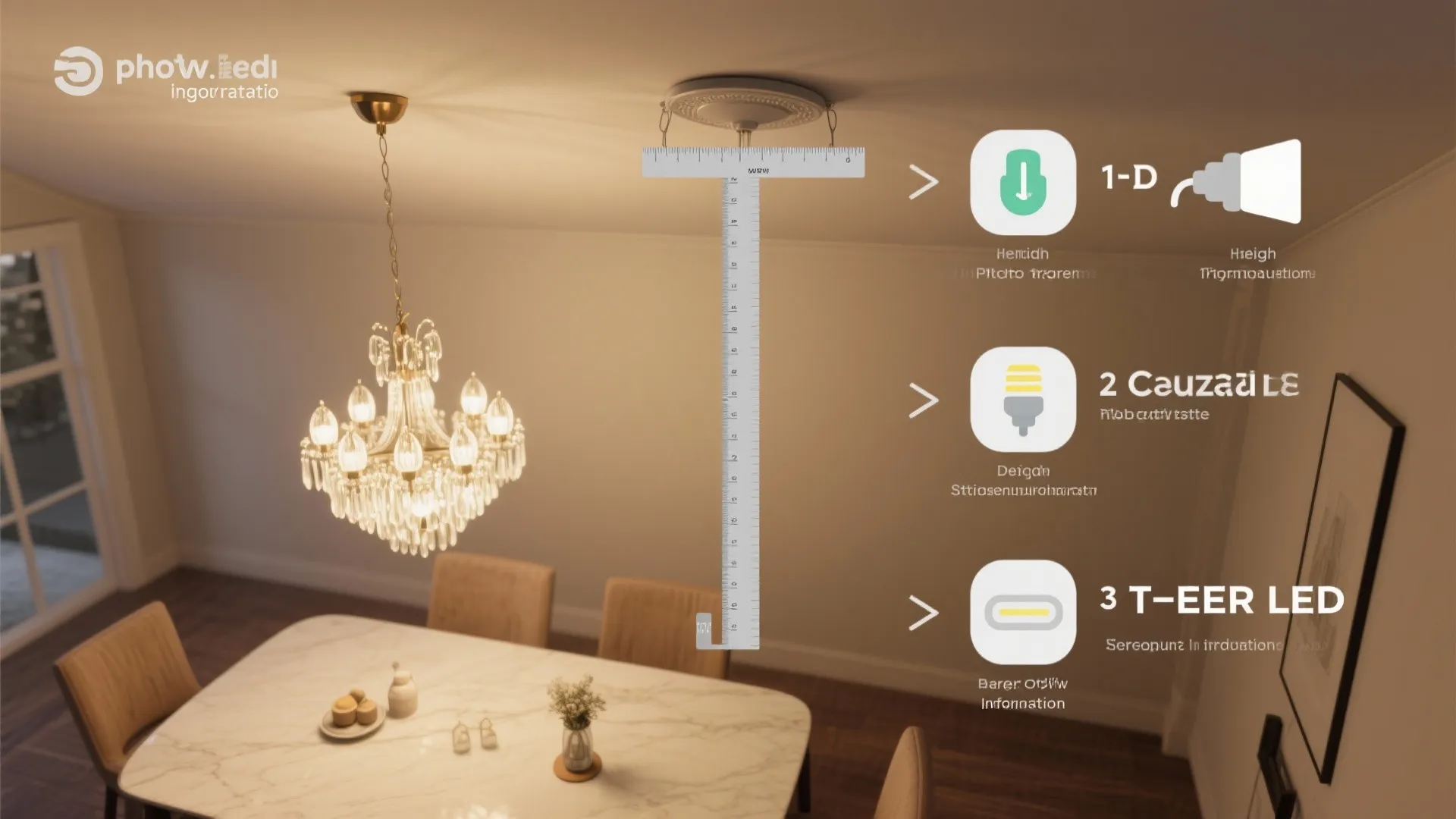 Top-down visual steps for choosing and placing a chandelier with measuring tools and icons