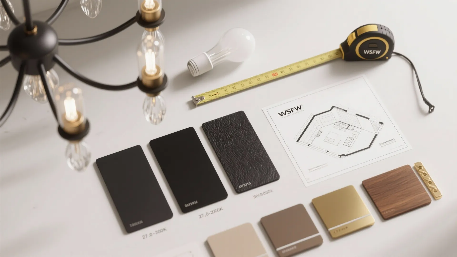 Interior design flat lay with floor plan, tape measure, material samples, and black ceiling light