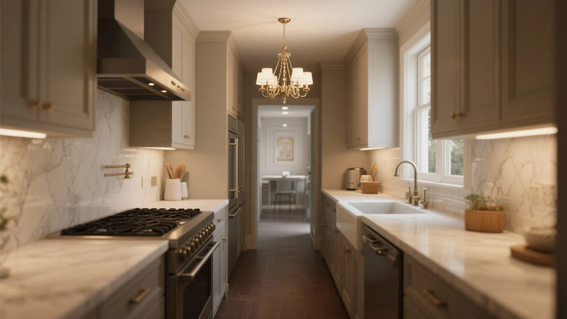 Classic narrow kitchen with grey cabinets marble countertops gold ceiling light and white farmhouse sink