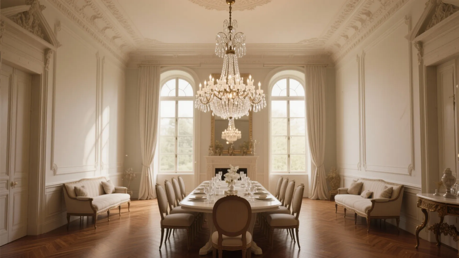Luxury dining room with large ceiling light hanging over long table white walls and sofas
