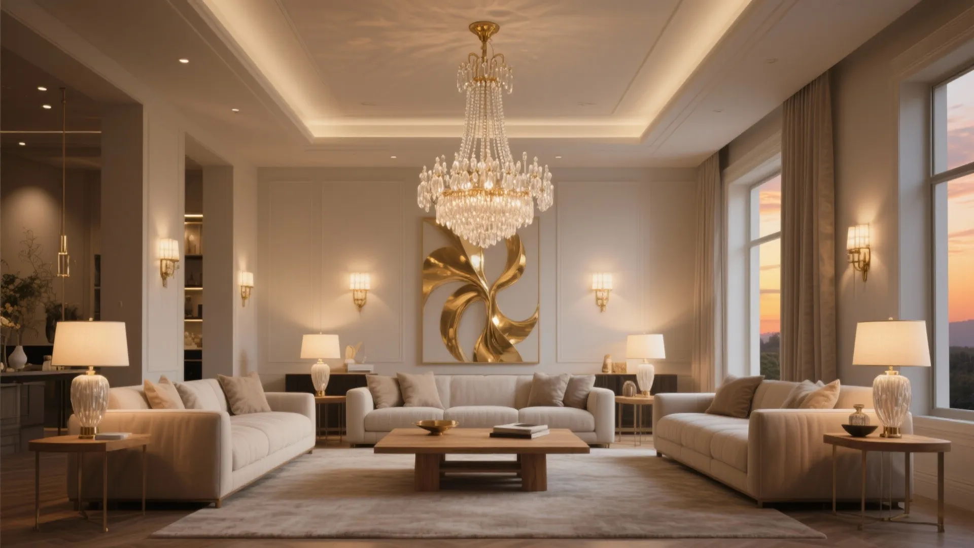 Luxury living room featuring three cream sofas wooden coffee table large ceiling light and sunset