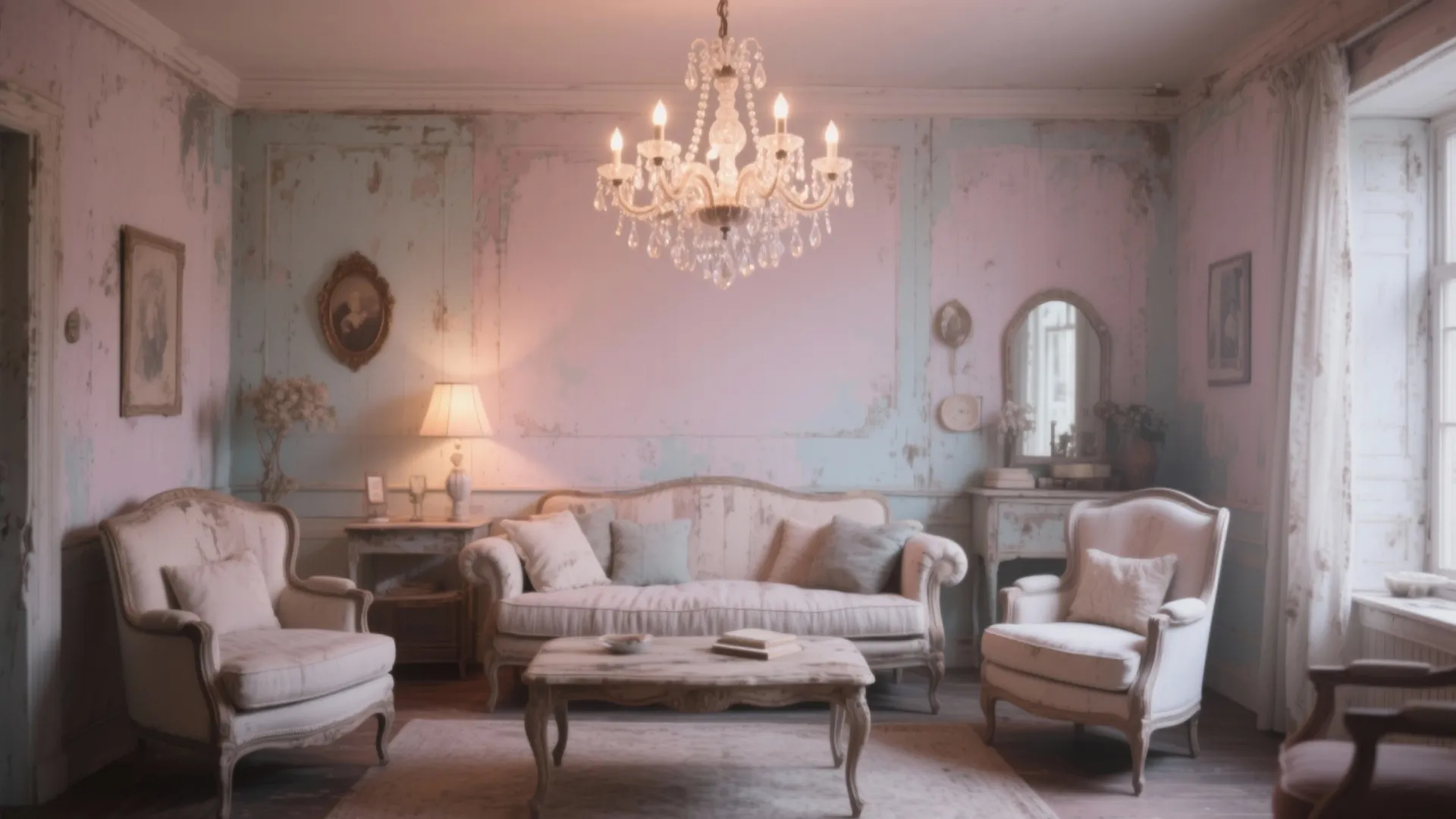 Vintage chandelier casting warm light in a shabby chic room