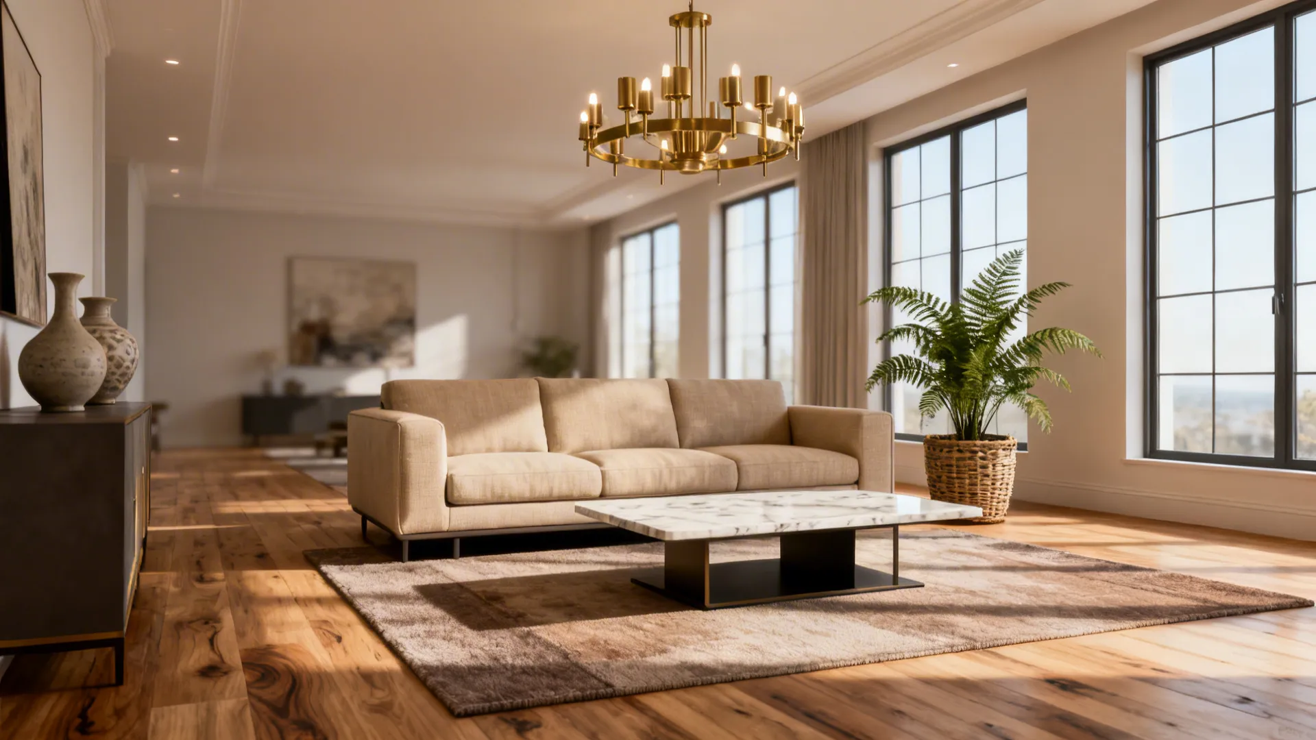 Modern living room with golden ceiling light beige sofa marble coffee table and green plant