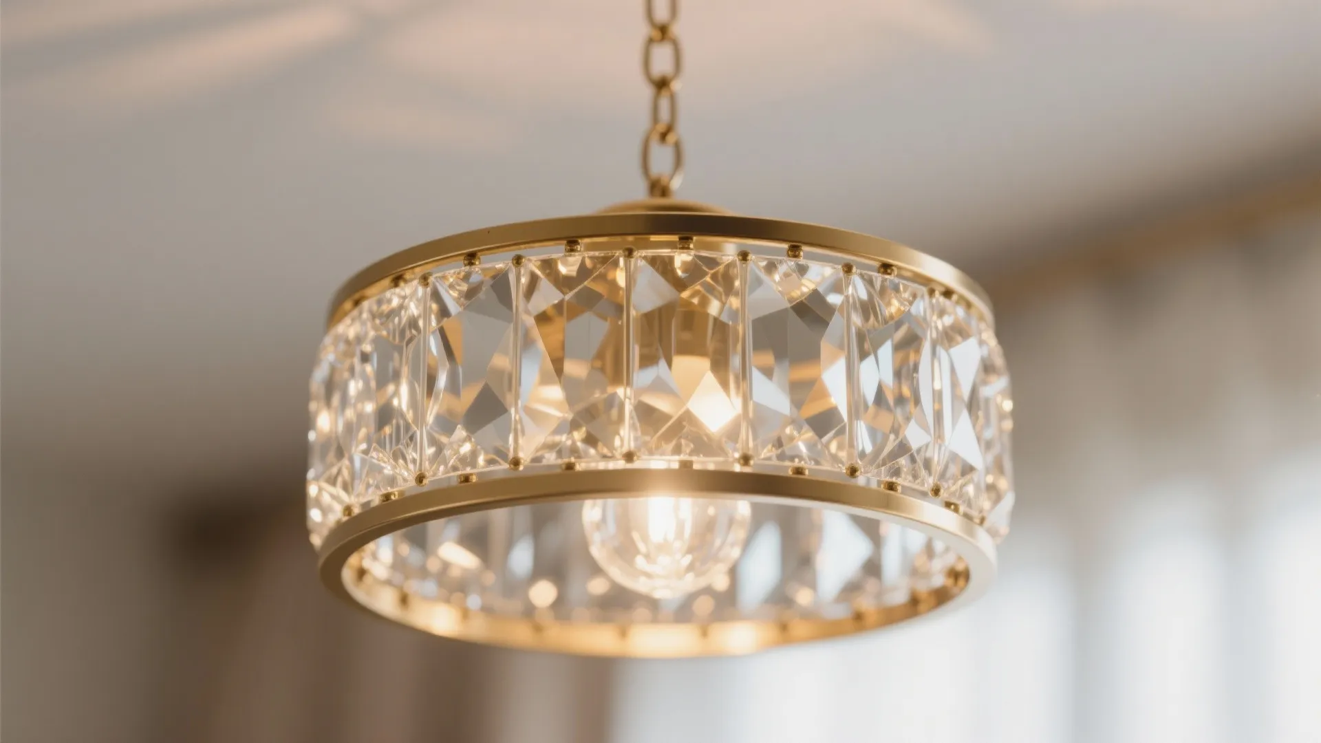 Close-up of a crystal drum chandelier with satin brass frame glowing warmly.