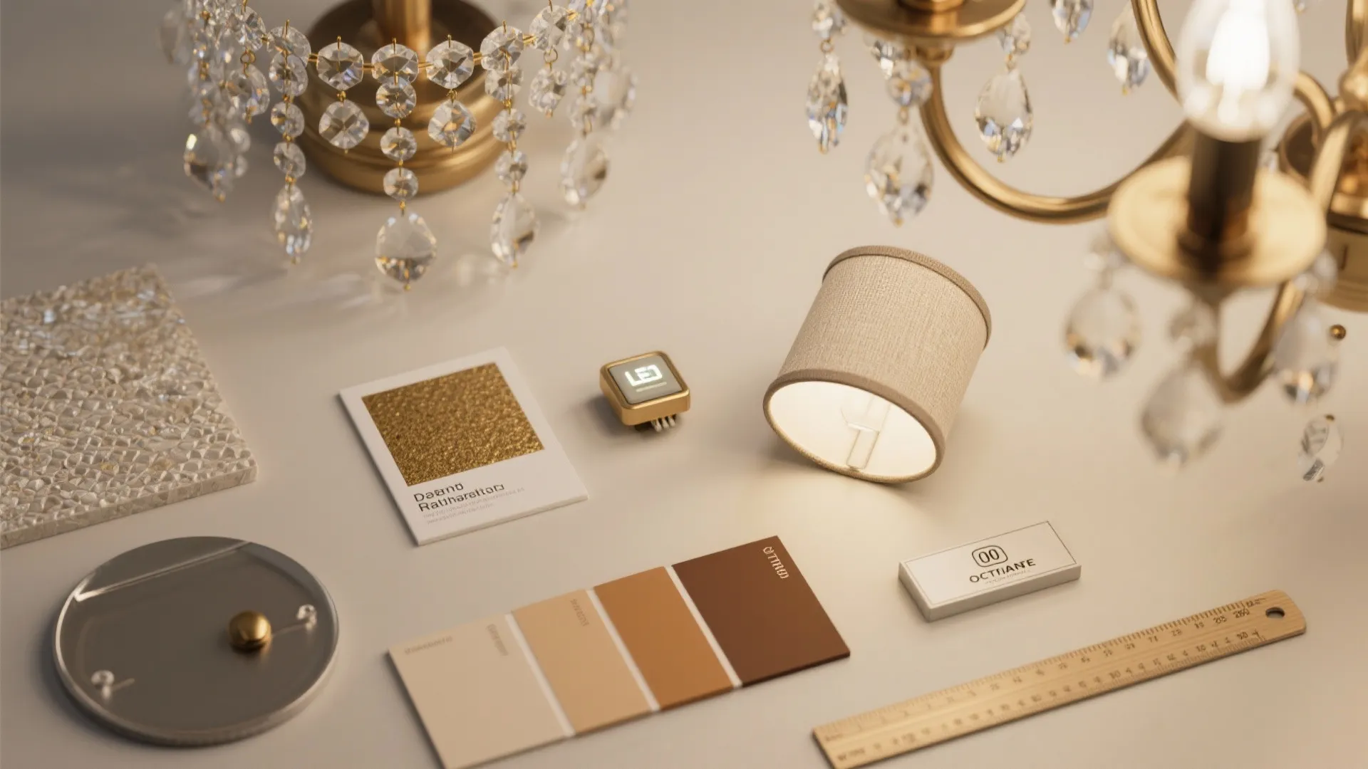 Flatlay of damp-rated crystal samples, brass swatch, LED module and measuring tape for chandelier planning.