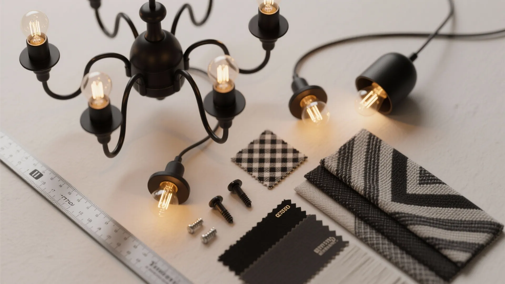 Black light fixture parts with light bulbs fabric samples screws and a ruler on table