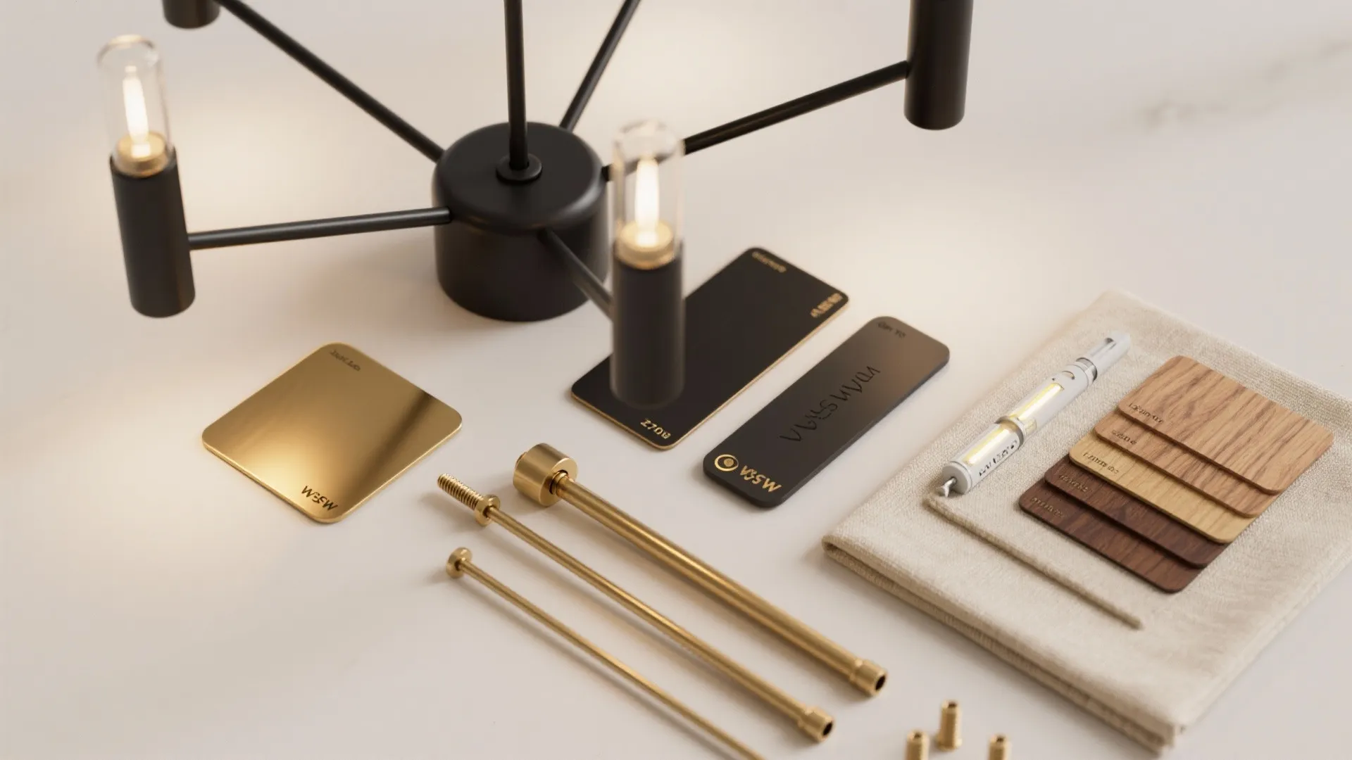 Flatlay of chandelier finishes: soft black, warm brass, wood, linen, and dim-to-warm LED module.