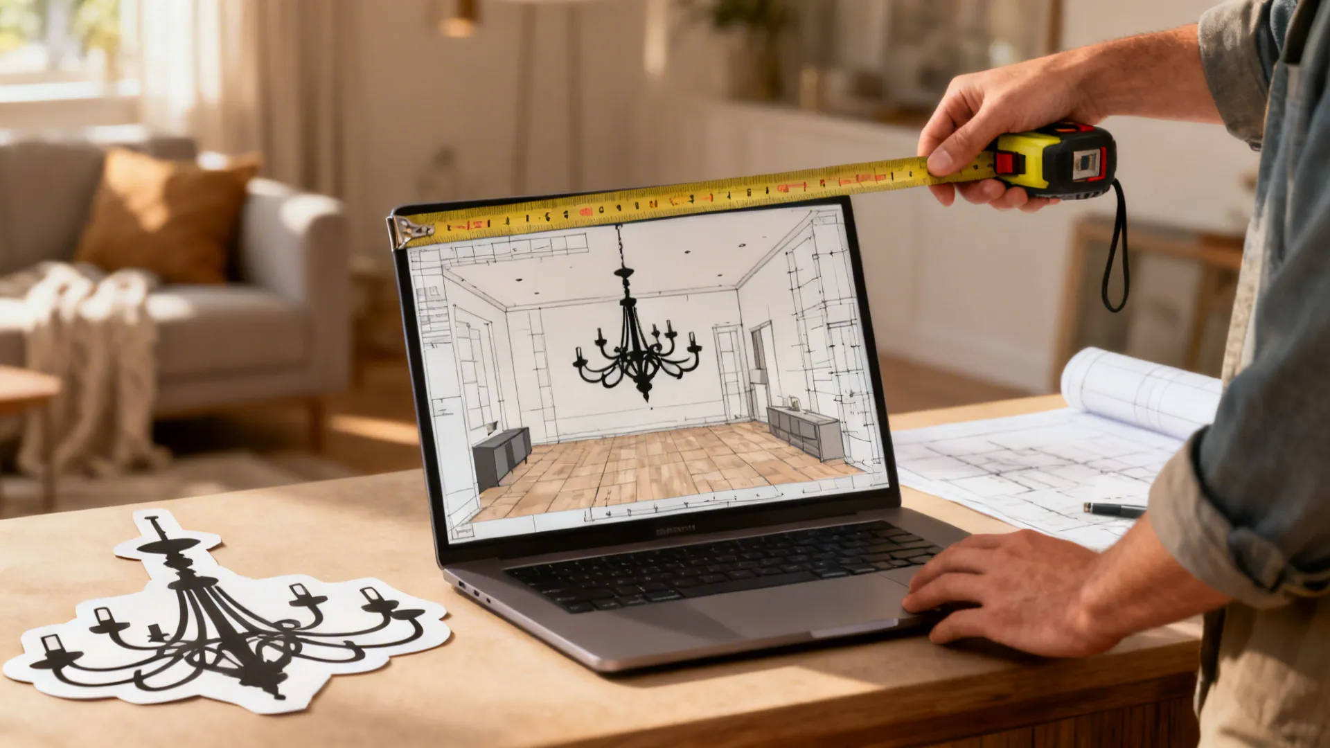 Designer measuring ceiling height and creating a chandelier silhouette mockup in a 3D planner.