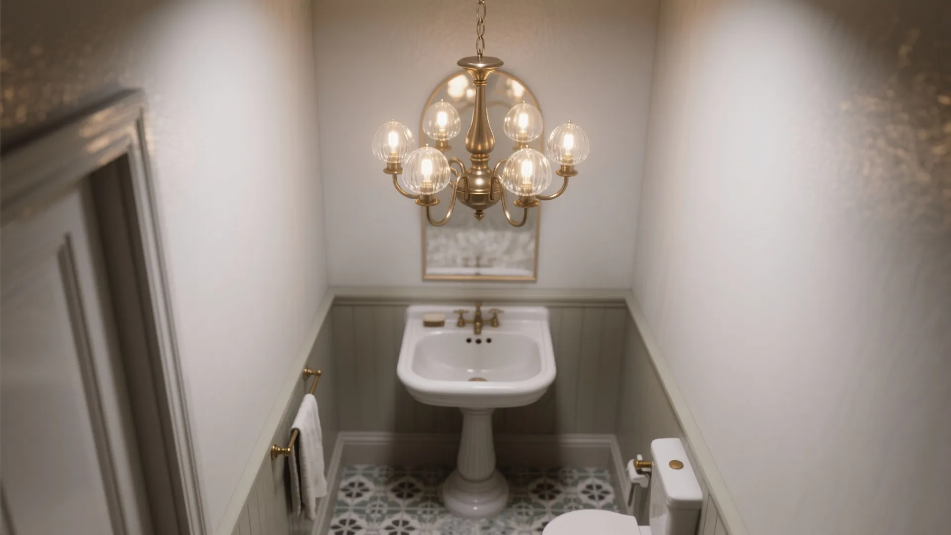 5. Decorative Four-Bulb Chandelier Above a Pedestal Sink