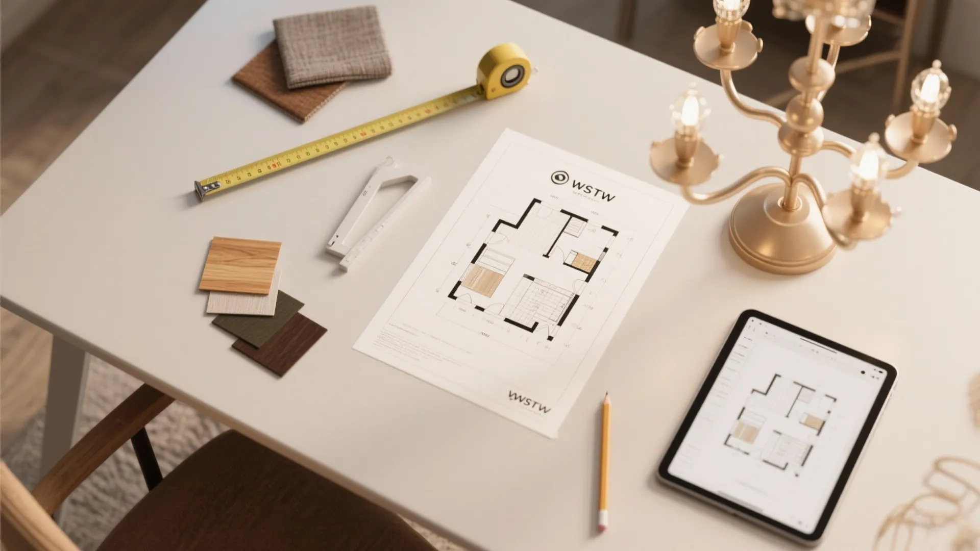 Top-down view of planning tools for chandelier placement including tape measure and floor plan