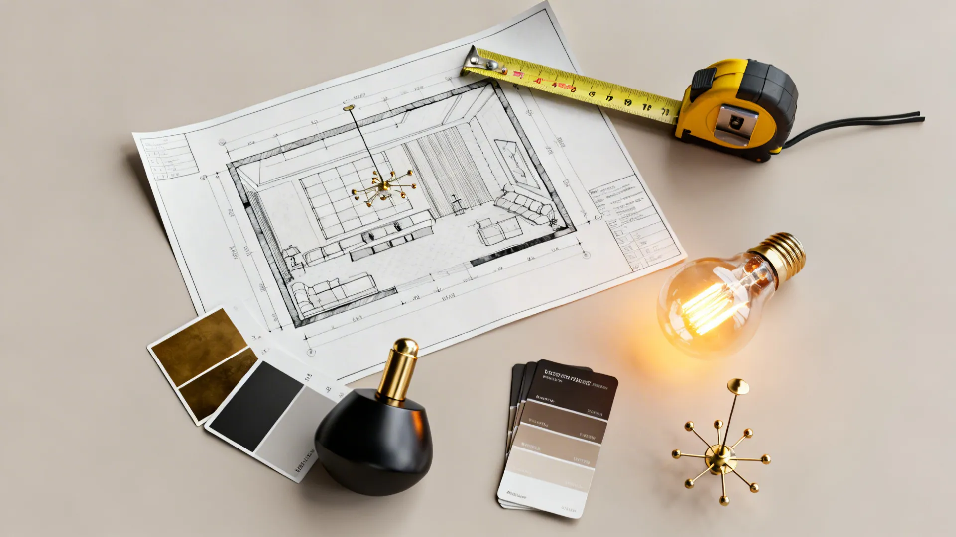 Top-down flatlay of chandelier planning tools including tape measure, finish samples, and room plan