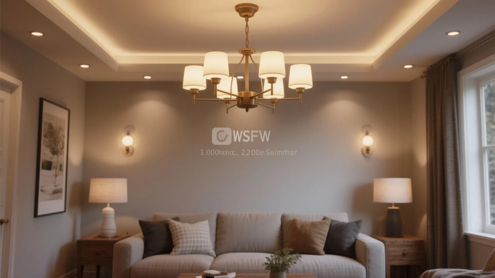 Symmetrical living room with elegant ceiling light beige sofa wall lights and warm indoor lighting